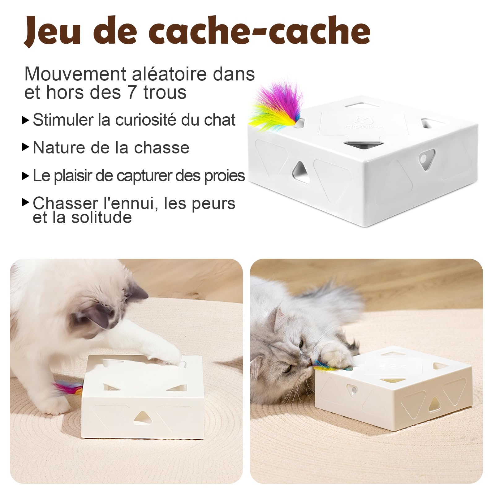 Migipaws Jouet pour Chat, Jouet interactif Automatique à 7 Trous pour Souris, Jouet d'éveil Ultra Amusant pour Les Chats d'intérieur, Rechargeable par USB, 4 pièces de Plumes