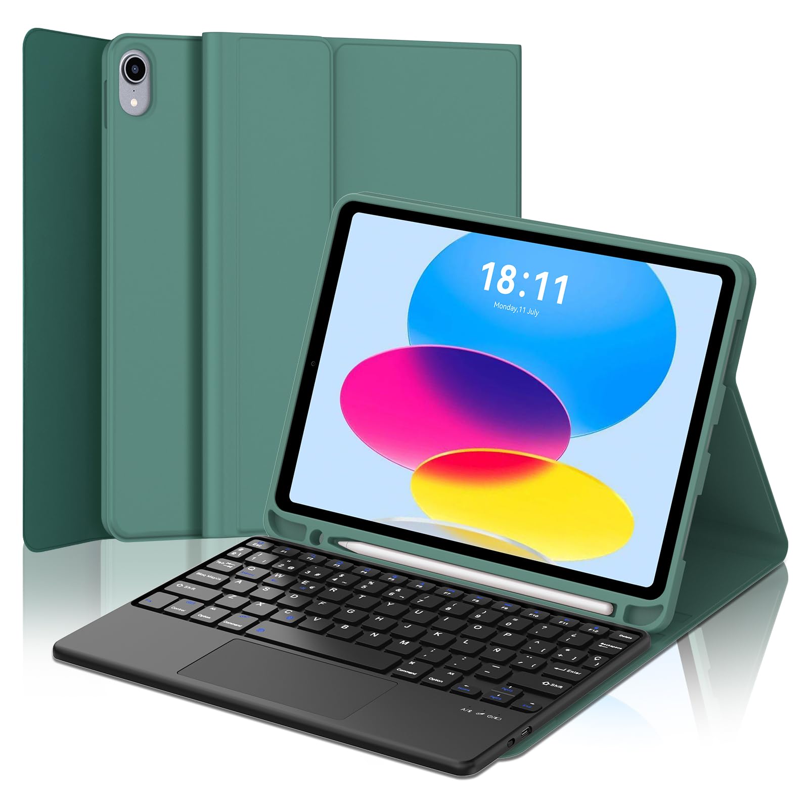 FOGARI Keyboard with Touchpad for iPad A16 11th Generation 2025/10th Generation 10.9" 2022, Case with Spanish Ñ Keyboard for iPad 10th/11th Generation with Trackpad, Dark Green