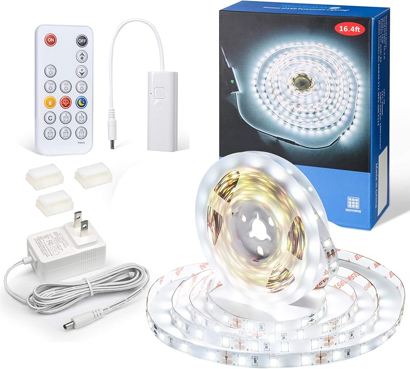 WOBANE 16.4ft White LED Strip Lights with RF Remote,Dimmable Tape Lights | Flexible Lighting for Bedroom,Kitchen,Under Cabinet,LED Mirror Lights for Vanity Makeup Dressing Table,Timing,Memory Function