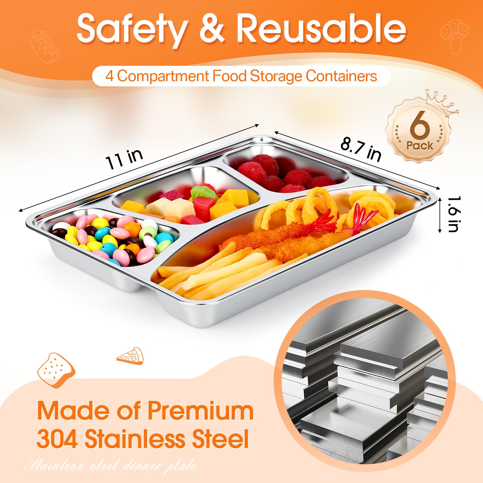 Patelai Lot de 6 boîtes à goûter en acier inoxydable avec couvercles transparents - 4 compartiments - Boîte à bento réutilisable - Pour le bureau, la maison, les voyages