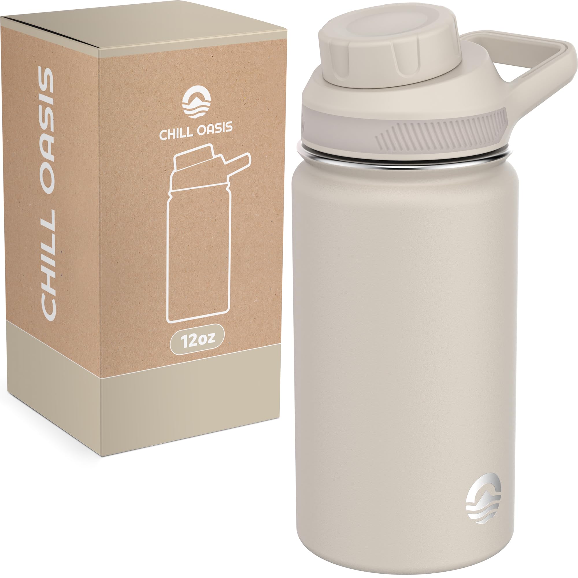 Chill Oasis Water Bottle | Compatible With Popular Flavor Cartridges | BPA Free, Leak Proof, Double-Walled Vacuum Insulated Stainless Steel, and Dishwasher Safe | Cold for 24 Hours (Beige, 12oz)