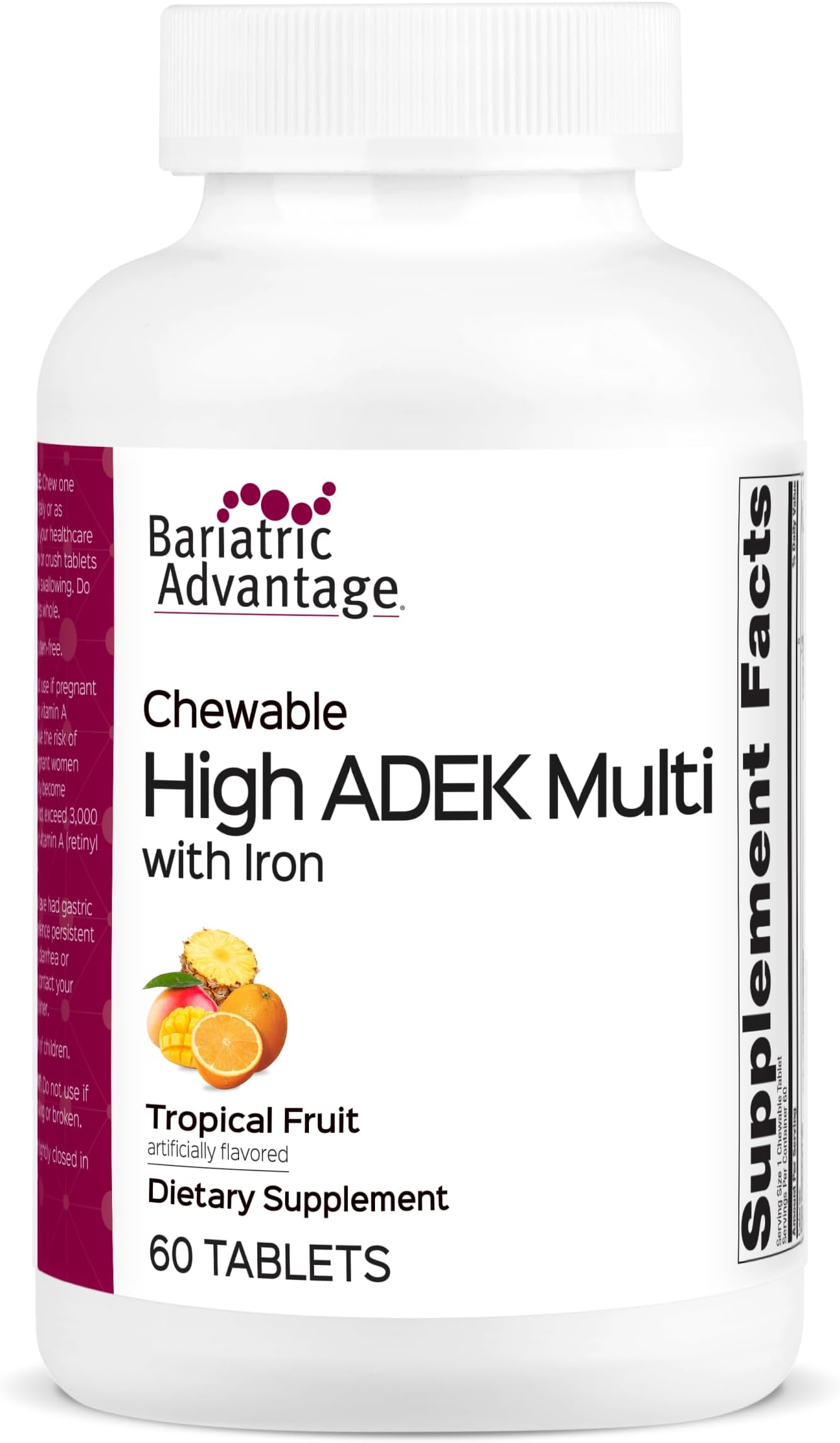 Chewable High ADEK with Iron - for Bariatric Patients - High Potency Vitamin A, D, E & K - Includes B-Vitamins - Chewable Multivitamins - Tropical Fruit - 60 Count