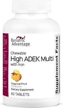 Bariatric Advantage قابل للمضغ عالي ADEK مع الحديد - لمرضى السمنة - فيتامين A وD وE وK عالي الفعالية - يتضمن فيتامينات B - فيتامينات متعددة قابلة للمضغ - فواكه استوائية - 60 عدد