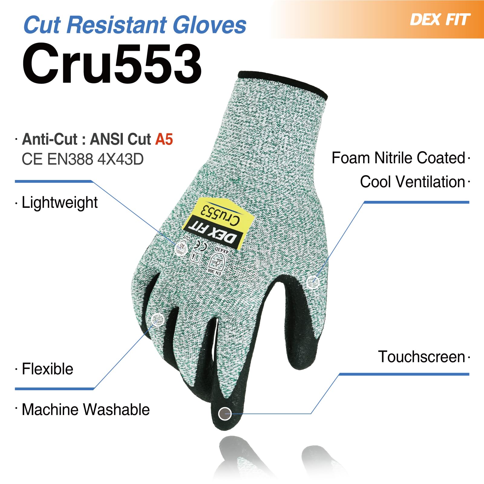 DEX FIT Level 5 Cut Resistant Gloves Cru553, 3D-Comfort Stretchy Fit, Power Grip, Professional Grade, Thin - Image 2