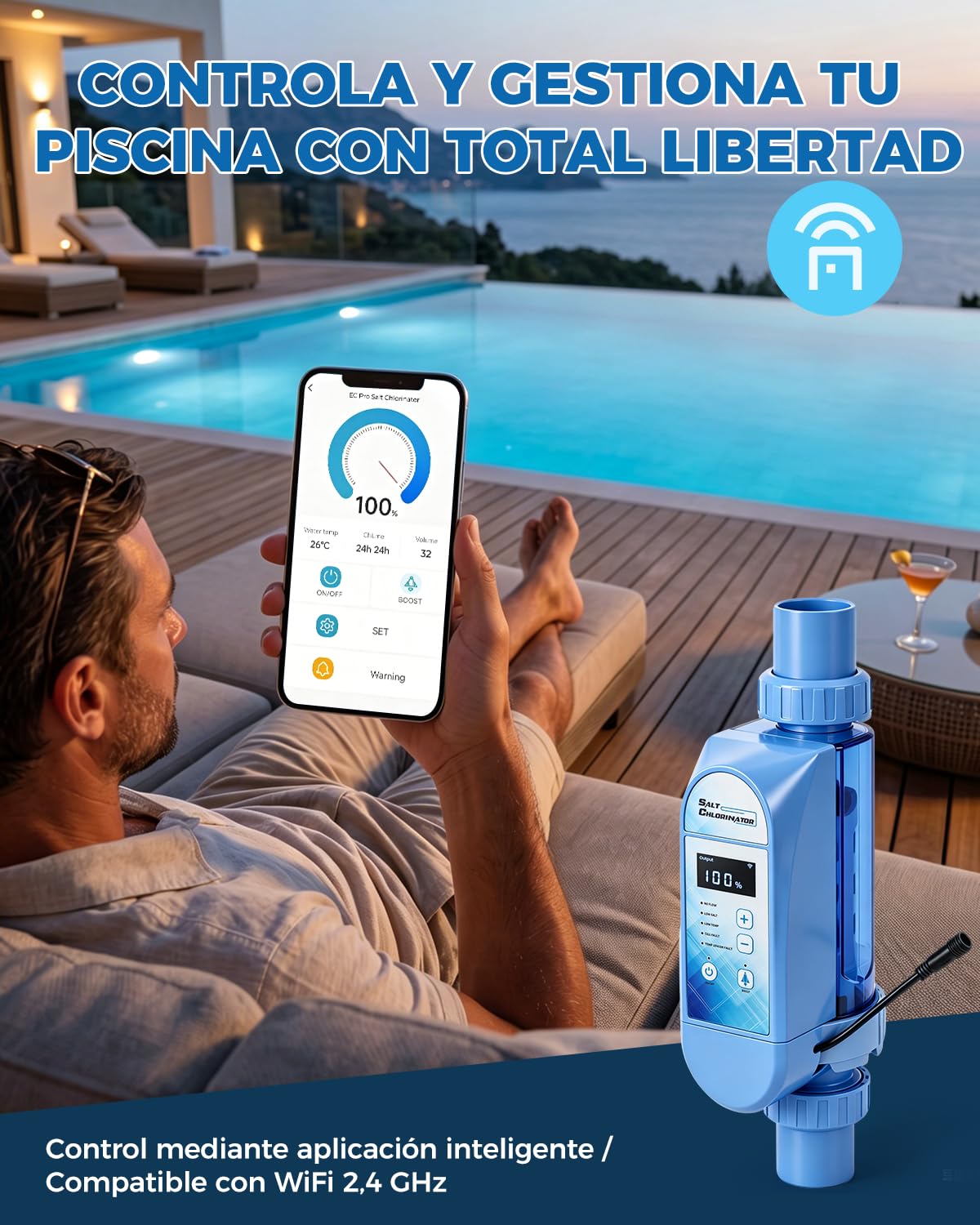 YUCHENGTECH Clorador Salino para Piscinas 12 g/h | Capacidad de Hasta 50 m³ Con Célula de Titanio, Panel de Control LED y Función de Autolimpieza para Piscinas Enterradas