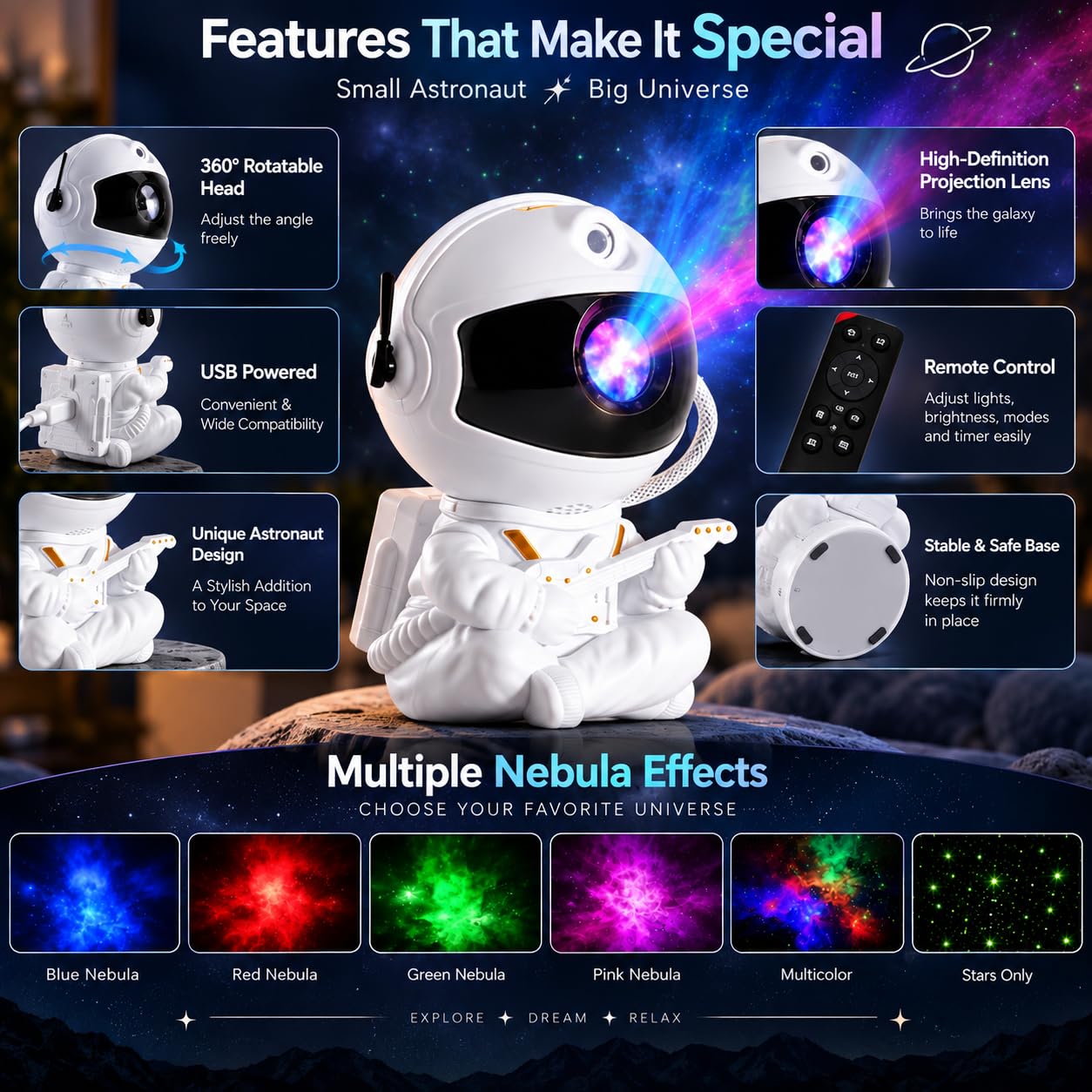 Astronaut Star Projector Night Light - Nebula Projection -3