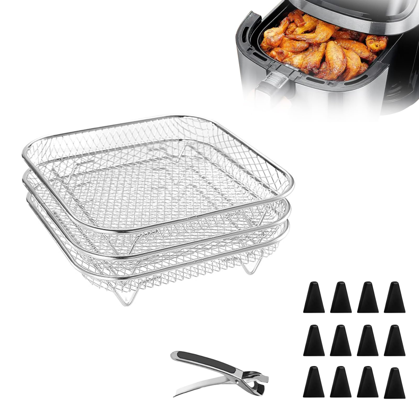 Air Fryer Rack, 3 sztuki koszy z możliwością układania w stos, kratka ze stali nierdzewnej do frytkownicy na gorące powietrze z podwyższonymi silikonowymi nóżkami i klipsem chroniącym przed oparzeniem