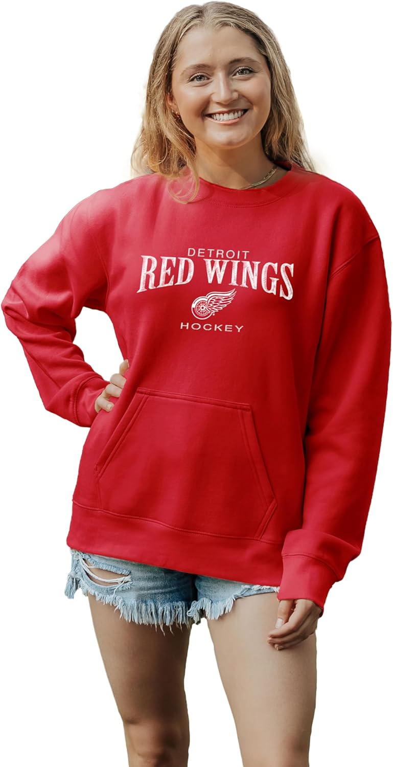 Blue 84 Women's NHL Officially Licensed Pocket Crewneck Sweatshirt Embroidery Team Color