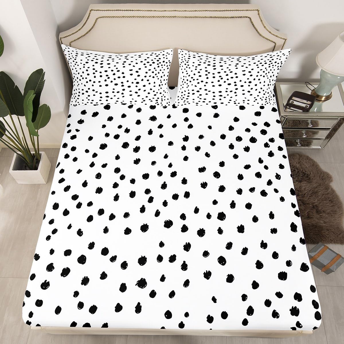 jejeloiu Polka Dot Bed Sheets Set 3Pcs Queen Size Kids Boho Fitted Sheet for Boys Girls Bohemian Bedding Set,Microfiber,No Top Sheet