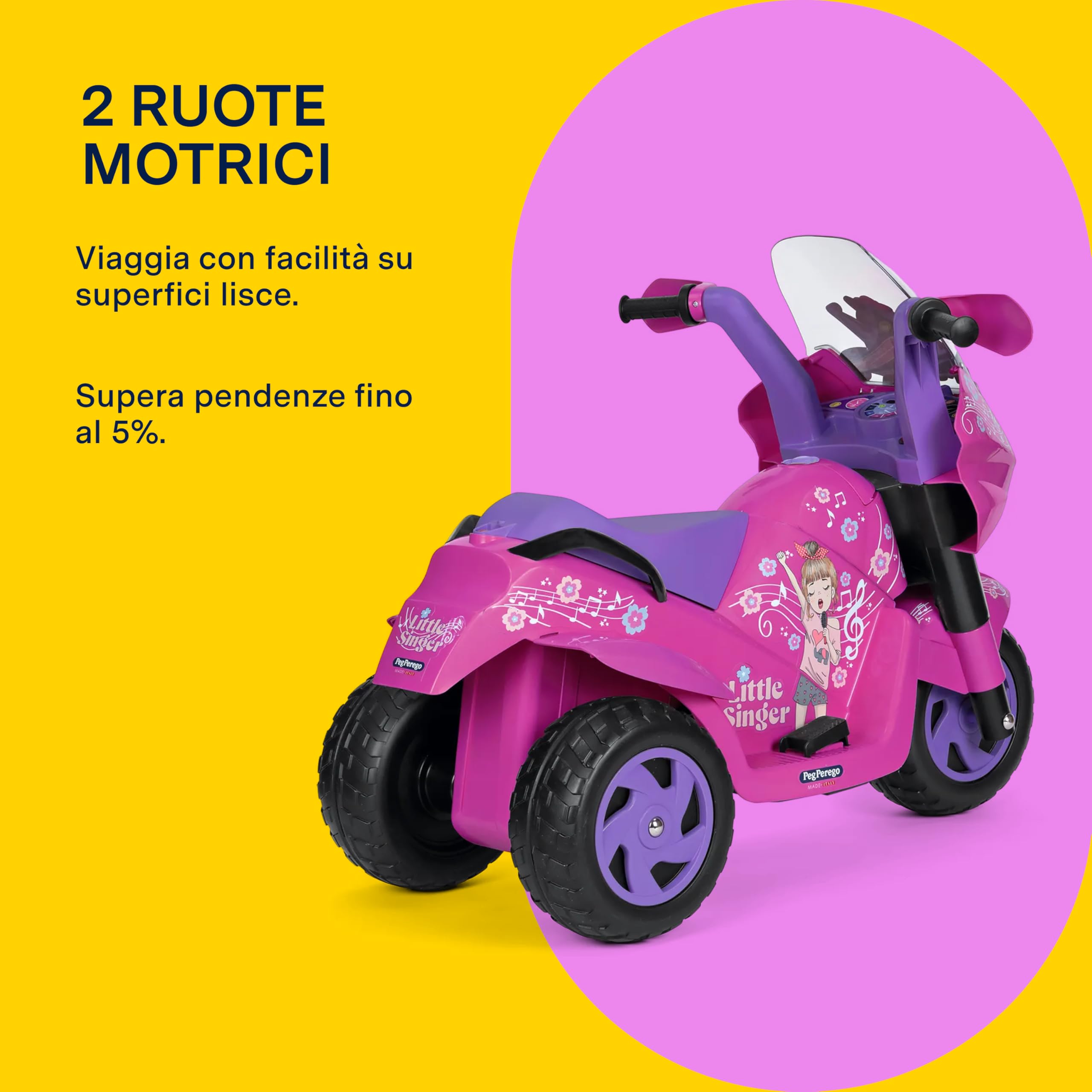 PEG Little Singer Moto Elettrica Cavalcabile per Bambini dai 2 Anni, Batteria Ricaricabile da 6V, Fari LED, Clacson e Musica, Velocità 4 km/h, Due Ruote Motrici con Battistrada Tassellato