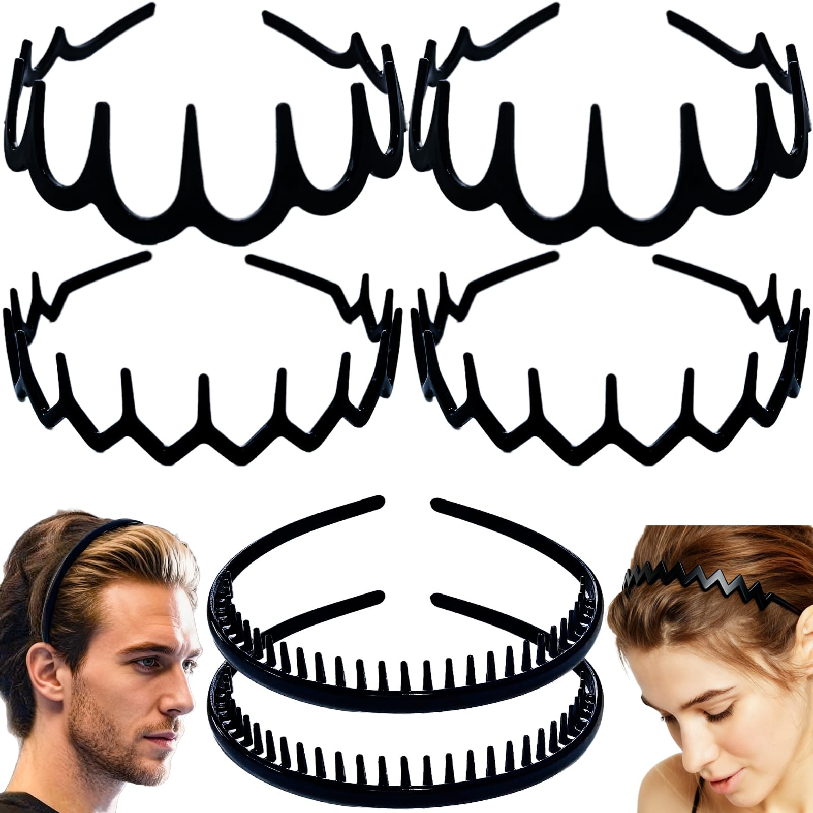 6 fasce per capelli con denti antiscivolo, pettine, alla moda, in plastica, accessori per capelli, per donne, uomini, adolescenti, ragazze, nero brillante