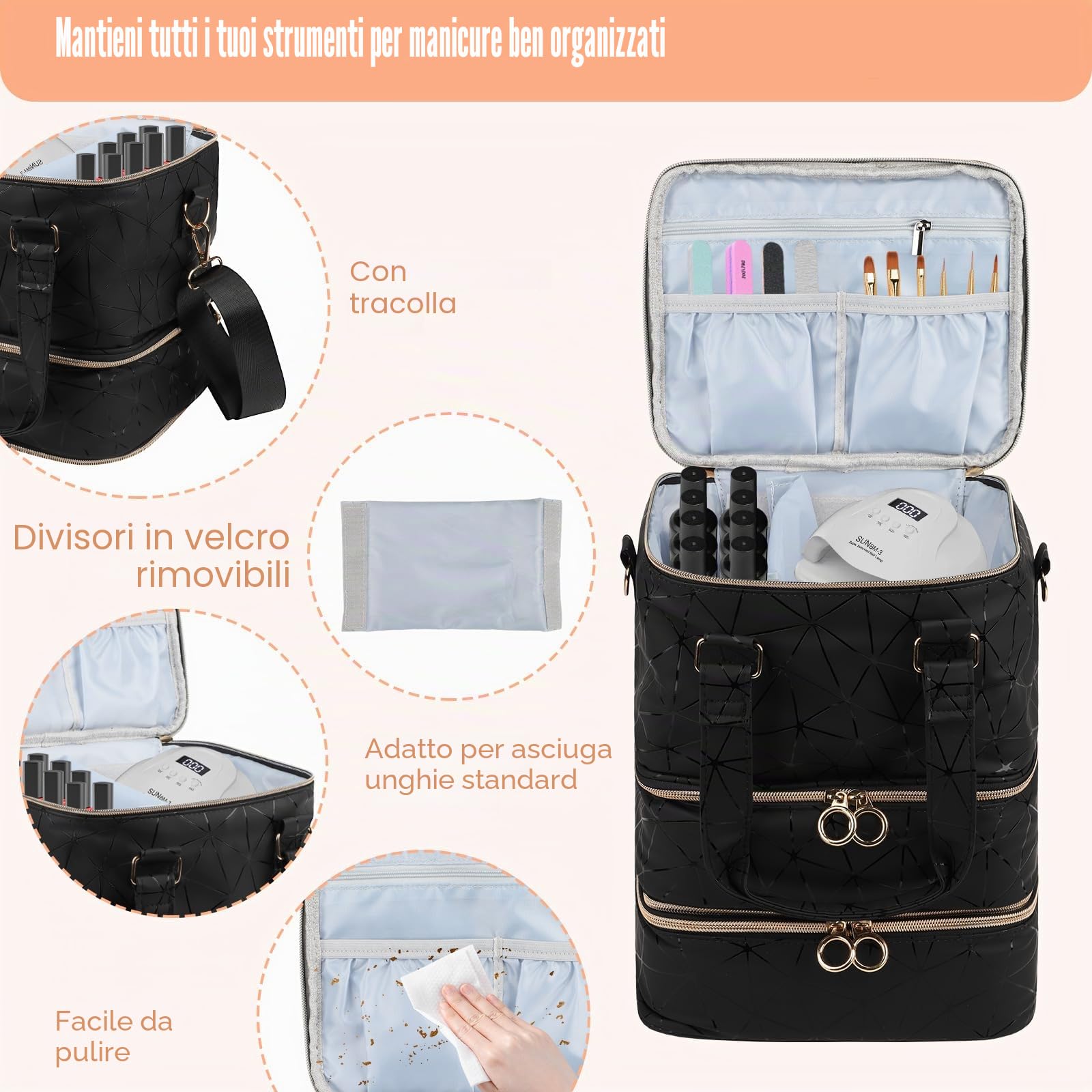 Porta Smalti Organizer,Contenitore per unghie di grande capacità per 60 Flaconi di smalto e 1 lampada LED per unghie, Organizer per Unghie,3 Ripiani Scatola da Viaggio Per Smalti per Nail Art