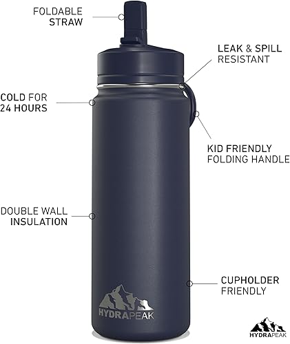 Miniatura 2 de Hydrapeak Mini botella de agua para niños de 20 onzas con tapa con popote, botella de agua aislada de doble pared de acero inoxidable para niños, a