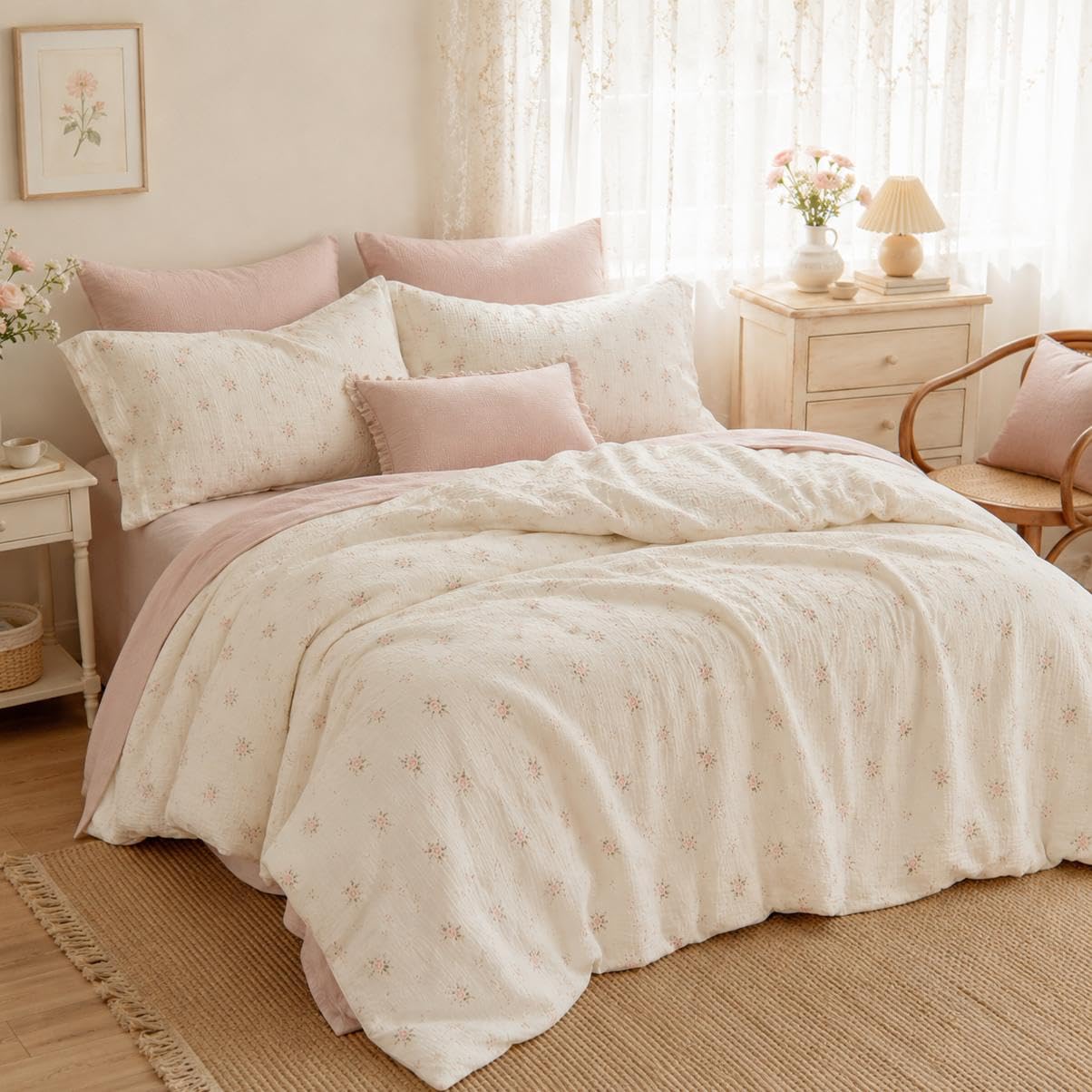 Lanqinglv Musselin Bettwäsche 135x200 Baumwolle Rosa Blumen,Leinenoptik | ÖKO-TEX Zertifiziert,für Allergiker,4 Jahreszeiten Set,Atmungsaktiv Bettbezug 1 Kissenbezüge 80x80 mit Reißverschluss