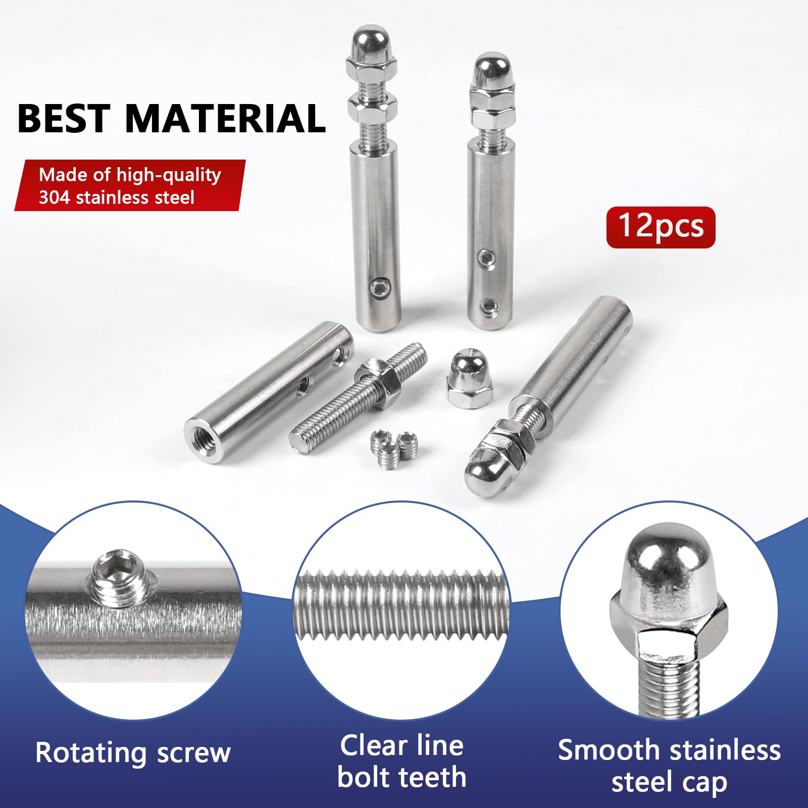 Lot de 12 Serre-câbles 8 mm Tendeur en inox avec tige filetée et clé Allen, Serre-câble en acier inoxydable pour la fixation et la tension des câbles remplissage de garde-corps, balustrades