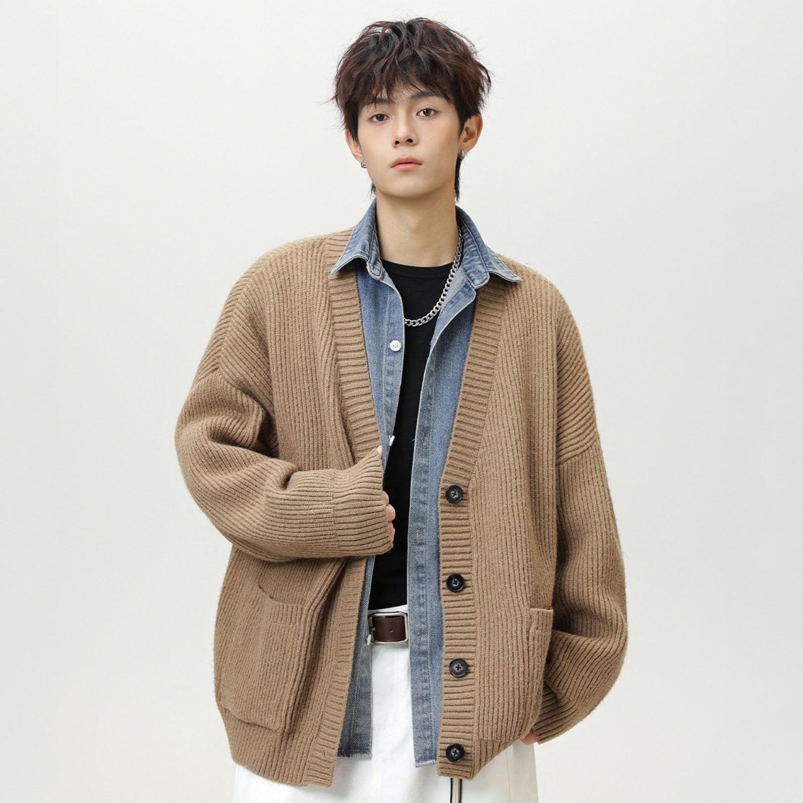 Cardigan Punto Hombre, Chaqueta Punto Botones Hombre Manga Larga con Un Solo Botonadura con Bolsillo Abrigo Color Sólido Informal con Botones Suéter Grande Chaqueta De Entretiempo De Punto