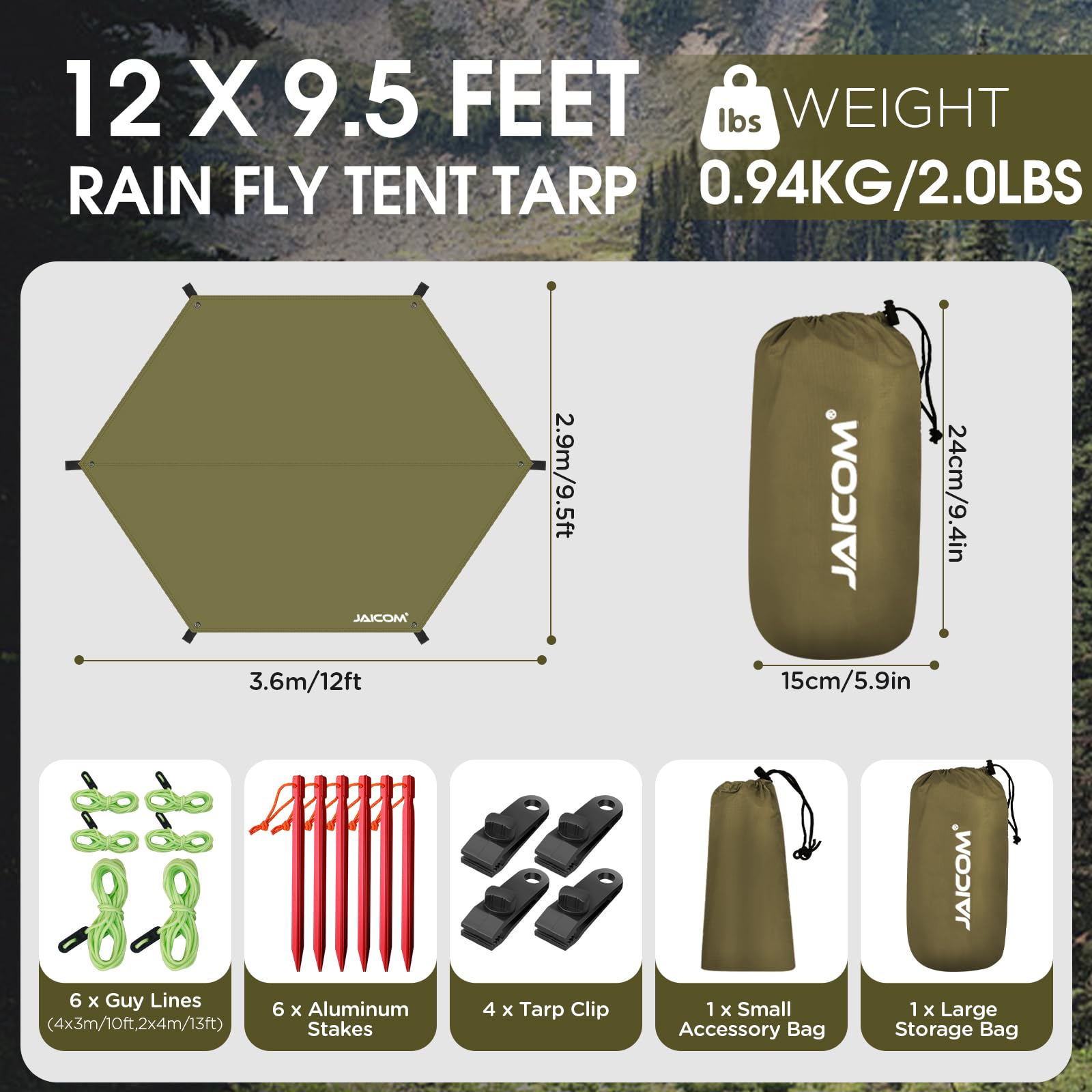 JAICOM Toldo Camping Impermeable, 3.6x2.9m Tarp - Ultraligero y Resistente al desgarro Toldo de Refugio, con Clavos de Aluminio, Cuerdas de Nylon, Clip para Lona, para Al Aire Libre, Picnic