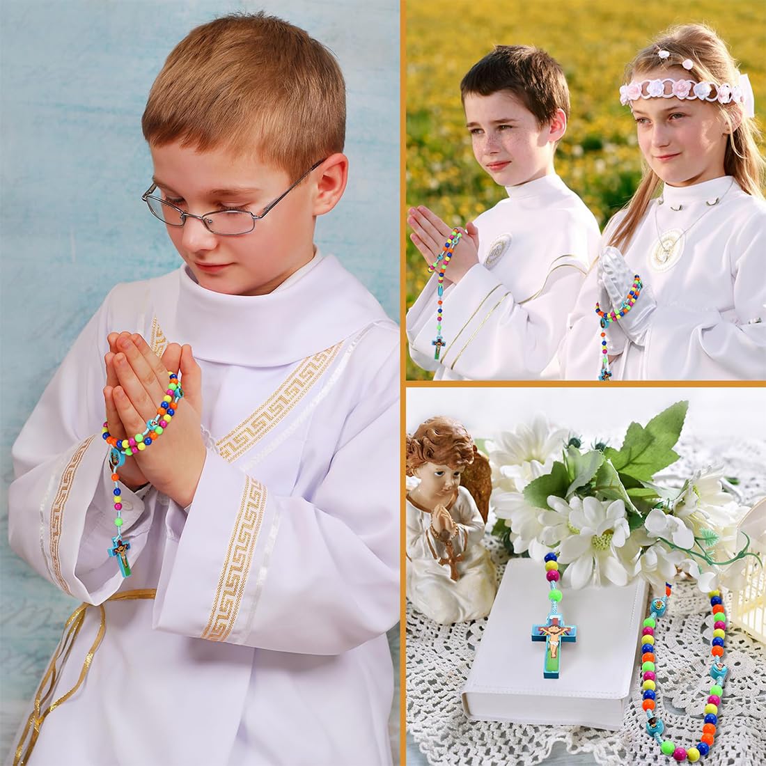 2 Piezas Juego de cuentas de rosario colorido para aprender a rezar, rosario infantil con bolsa de regalo de terciopelo para Navidad, Pascua y bautizos católicos
