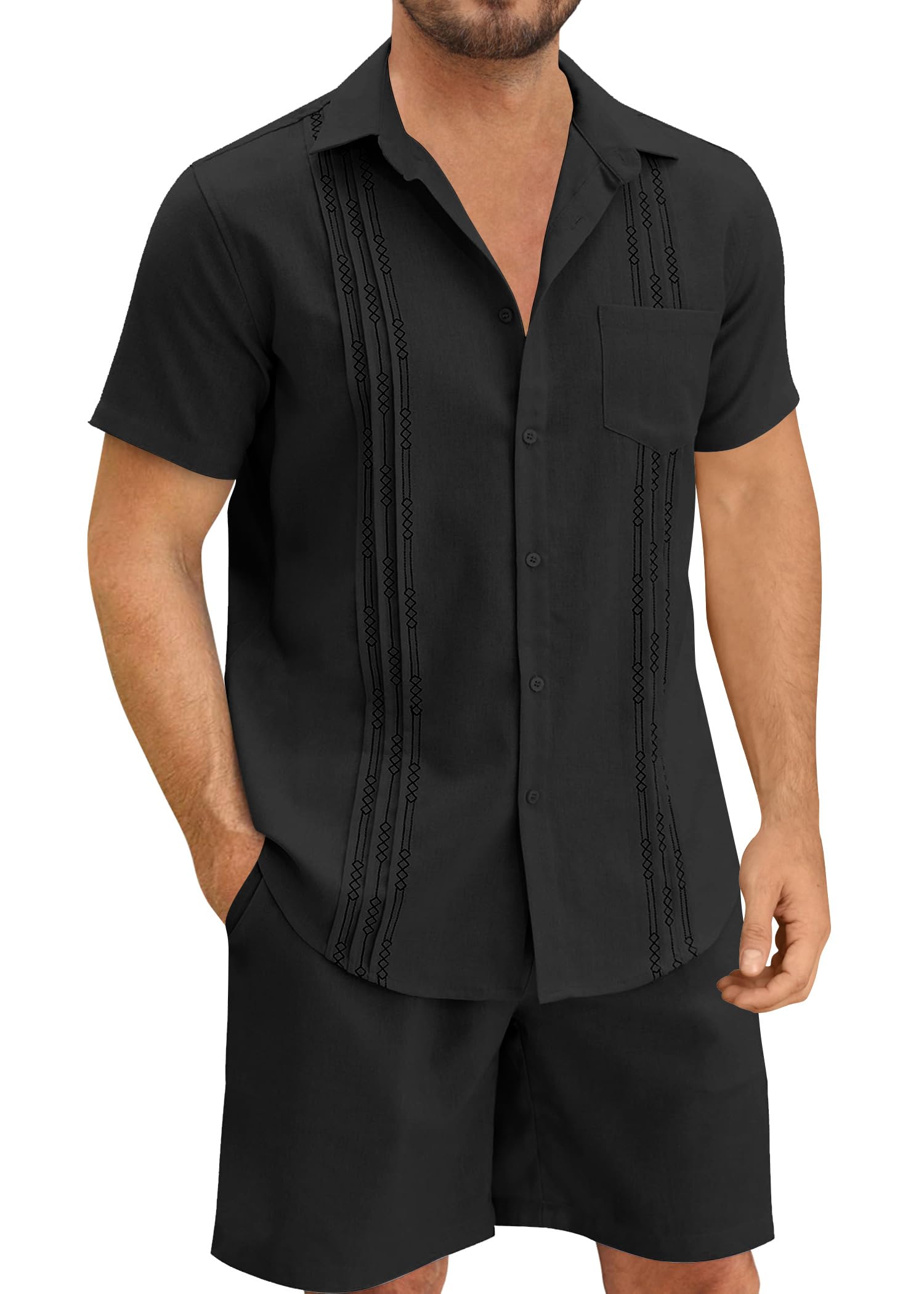 hawaliliMen Linen Sets Outfits 2 Piece Short Sleeve Cuban Shirts Summer Guayabera Linen Beach Casual Set