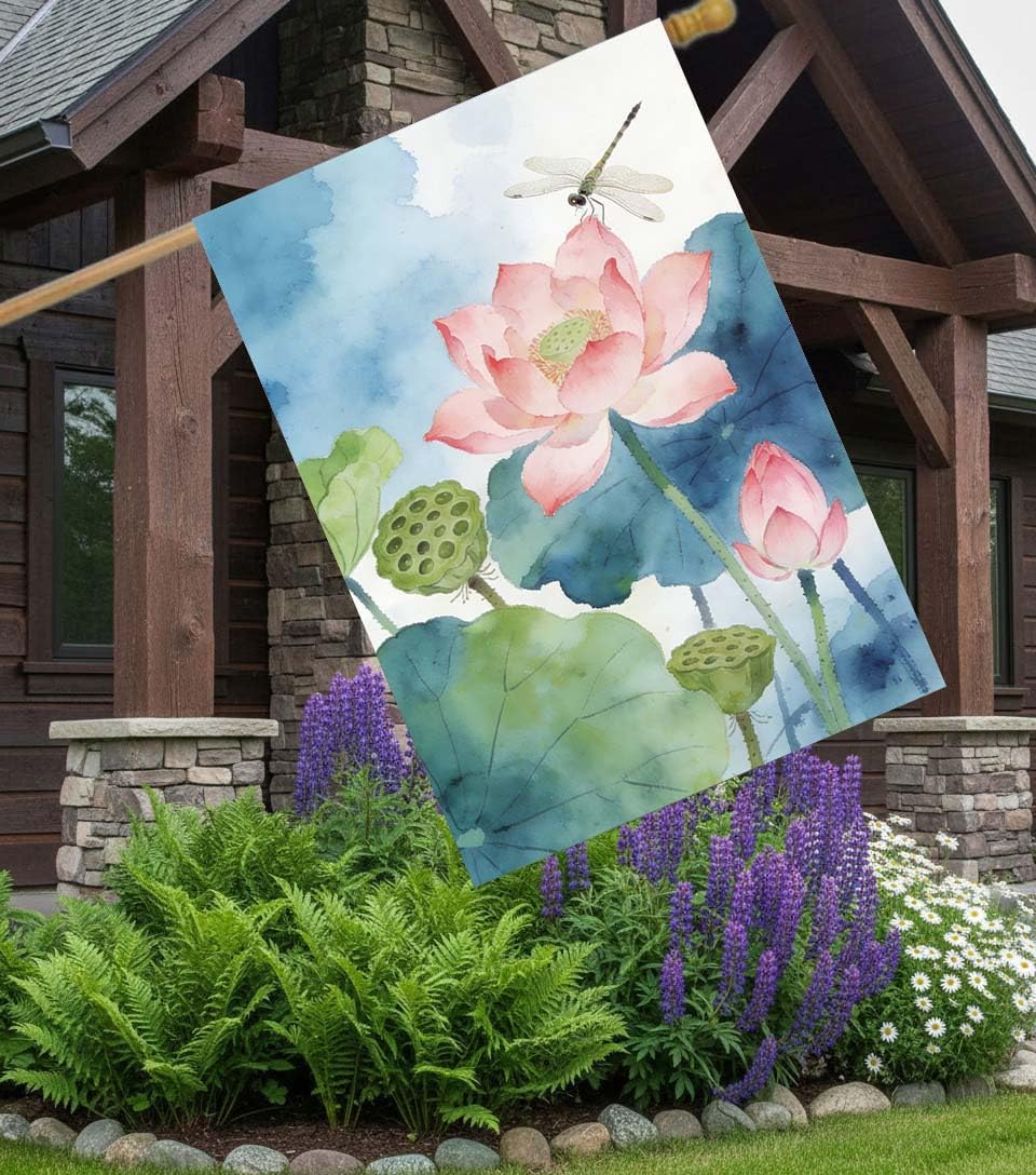 Retro Watercolor Painting of Summer Spring Floral Flowers Lotus Dragonfly House Flag 28 x 40 Inch, Double Sided Large Garden Yard Welcome Flags Banners for Home Lawn Patio Outdoor Decor