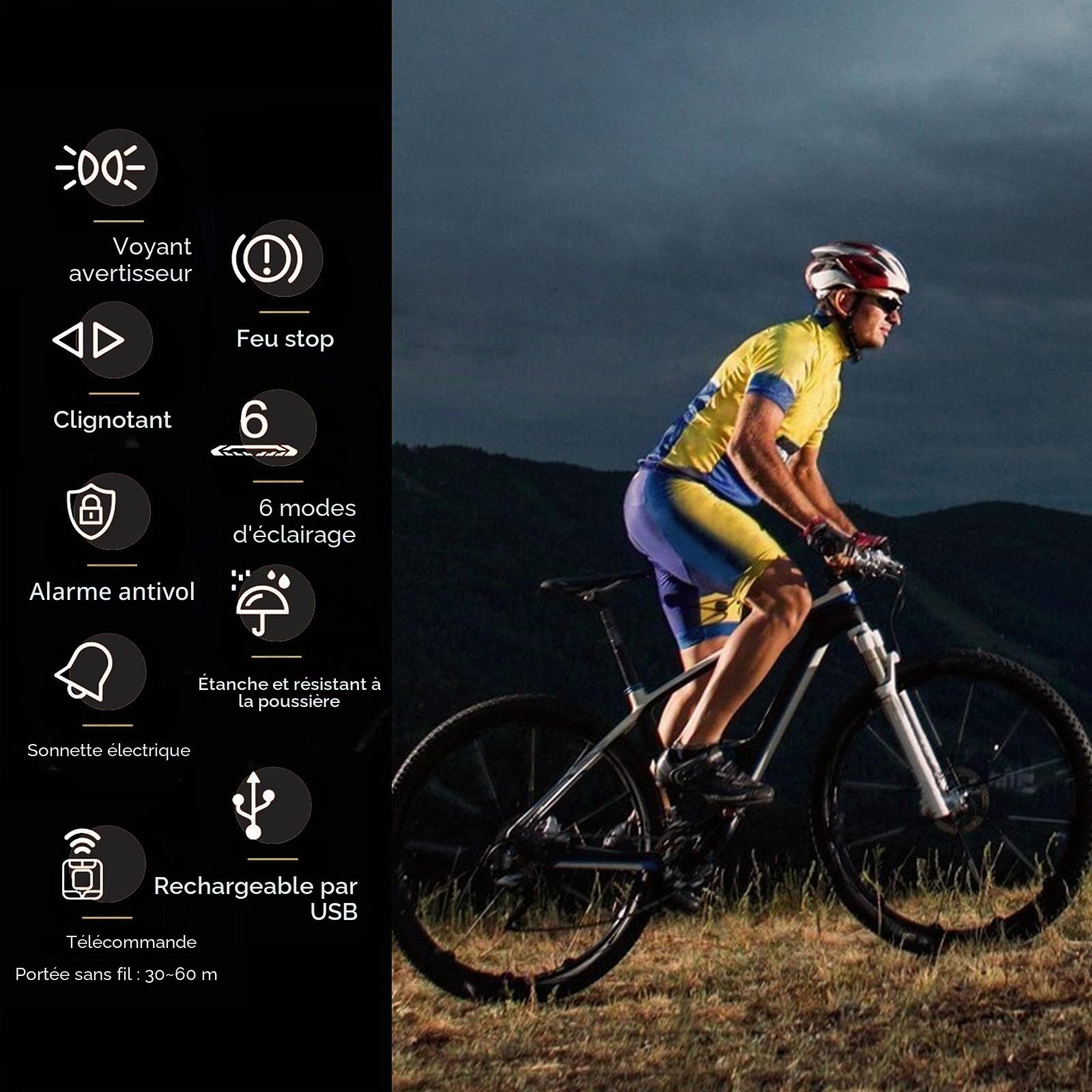 Feu arrière de vélo intelligent, avec clignotants et feu de freinage automatique, alarme de vélo à télécommande sans fil, feu arrière 5 en 1 (avertissement, frein, direction, sonnette électrique)
