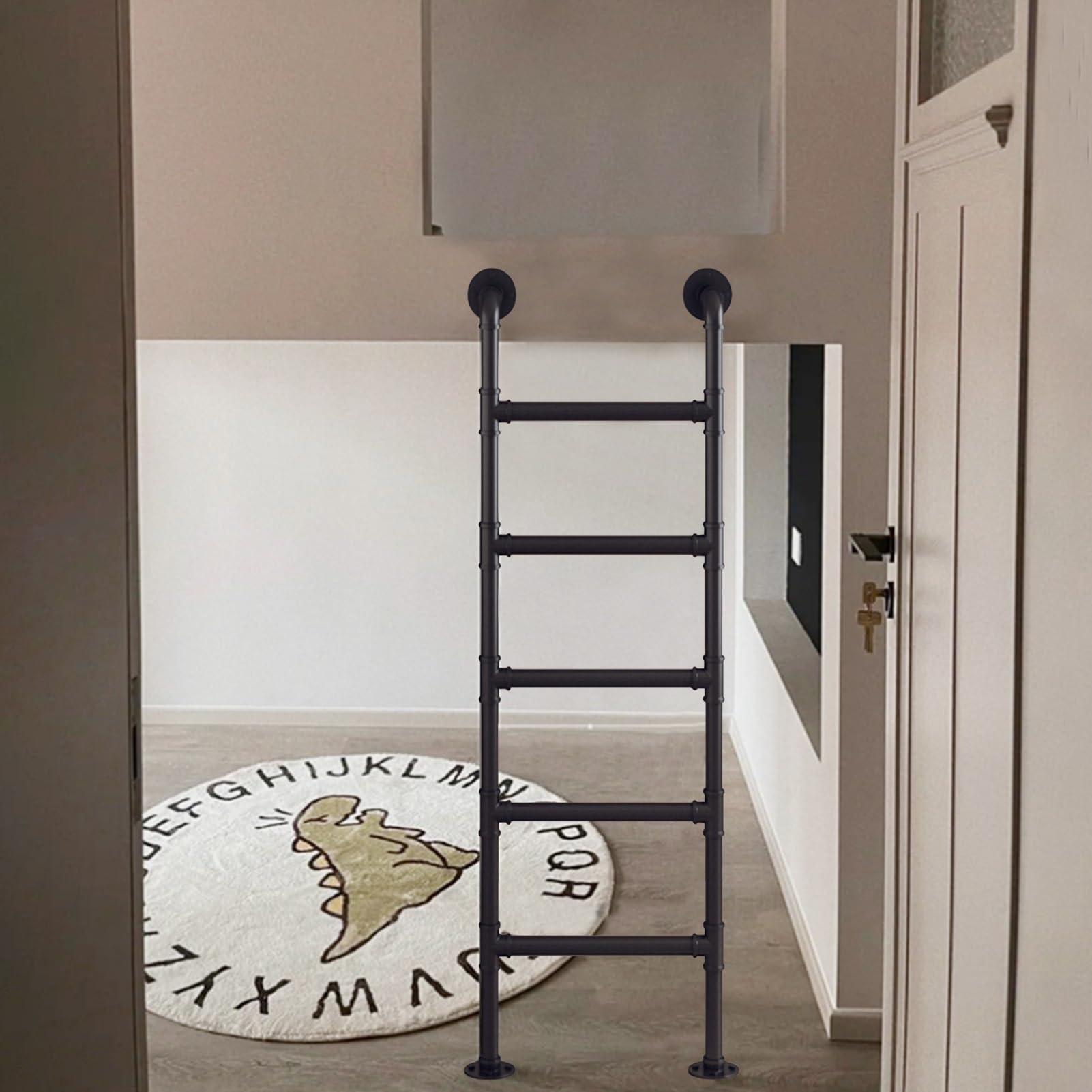 Scala per soffitta in metallo e ferro universale portata 330 libbre Scala di uscita per seminterrato di sicurezza durevole per la casa, scala dritta montata a parete per dormitorio Biblioteca - Nero(1