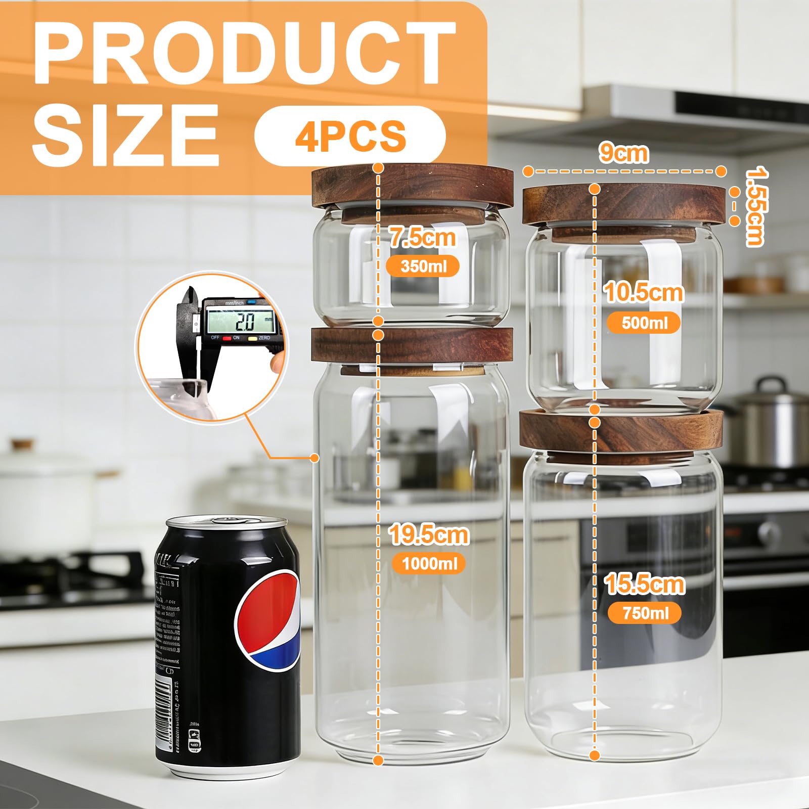 efuturetime 4 Barattoli in Vetro Ermetici con Coperchio in Legno 1000ml/750ml/500ml/350ml, Barattoli di Stoccaggio Impilabili Ermetici da Cucina per Spezie per Conservare Cereali, Zucchero, Caffè, Tè