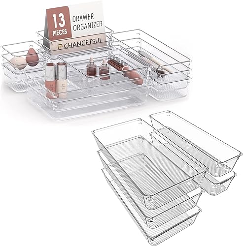 CHANCETSUI Paquete de 18 organizadores de cajones de escritorio, organizador grande de cajones de plástico transparente, separadores, contenedores