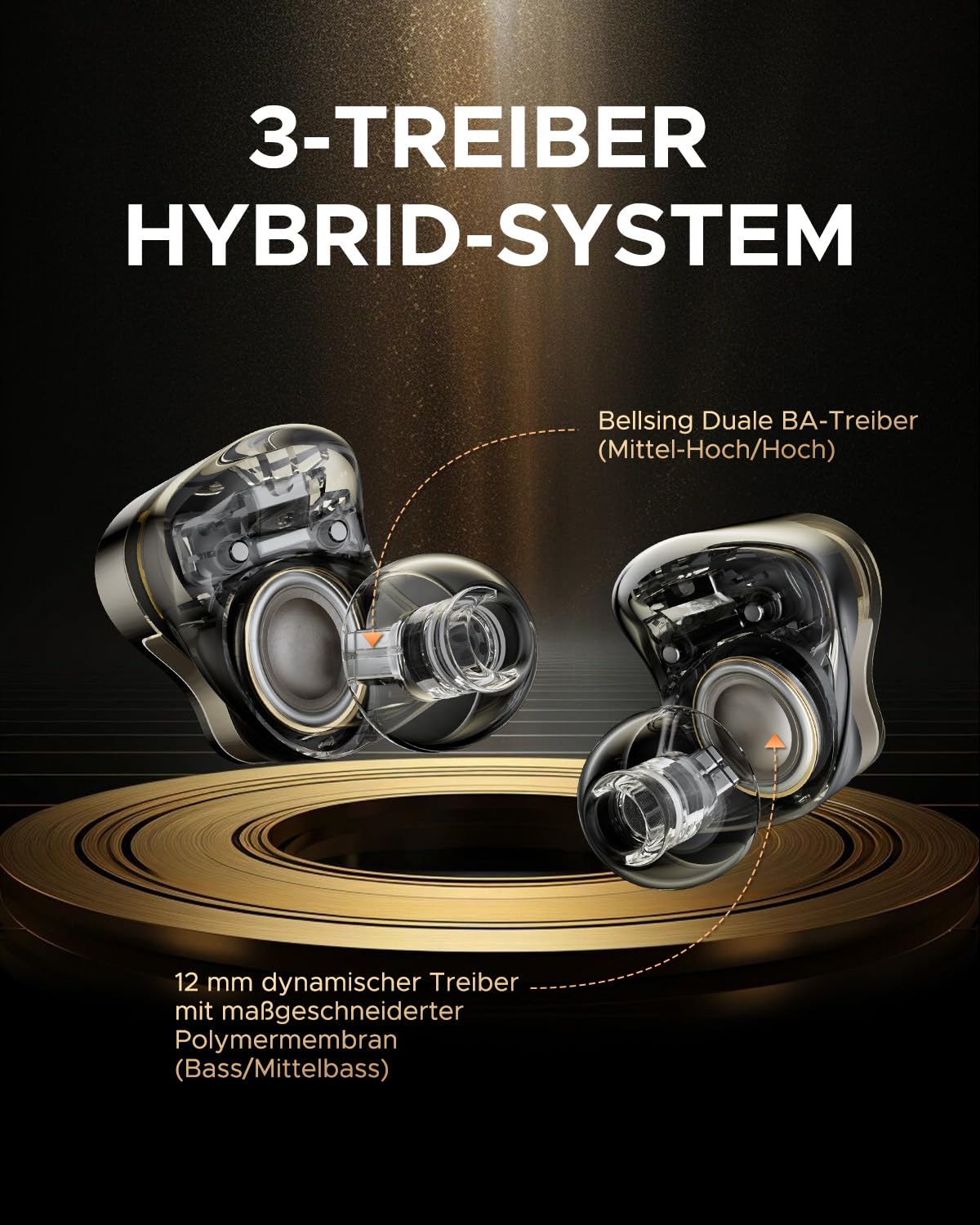 SoundPEATS H3 In-Ear Bluetooth Kopfhörer, Hi-Res/aptX Lossless/LDAC, Dual-BA + 12 mm Dynamic Driver, 55 dB Geräuschunterdrückung, Snapdragon Sound, QCC3091, 3-Mic, Multipoint, App, Schwarz-Gold