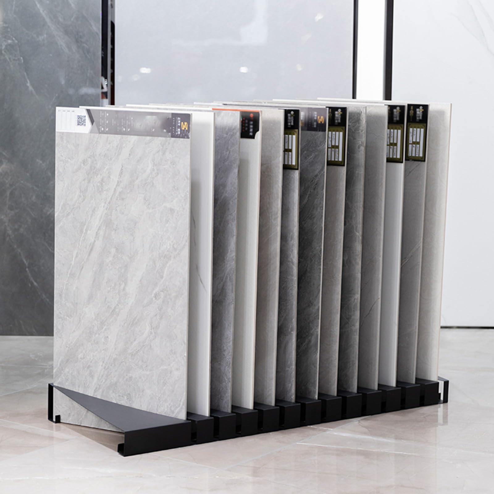 HXFAAFXH Metal Ceramic Tile Display Rack,Building Material Display Shelf,Floor Porcelain Display Stand Rack,Small Marble Slab Display Stand with 13 Card Slots, Porcelain Tile Sample Shelf(Black)
