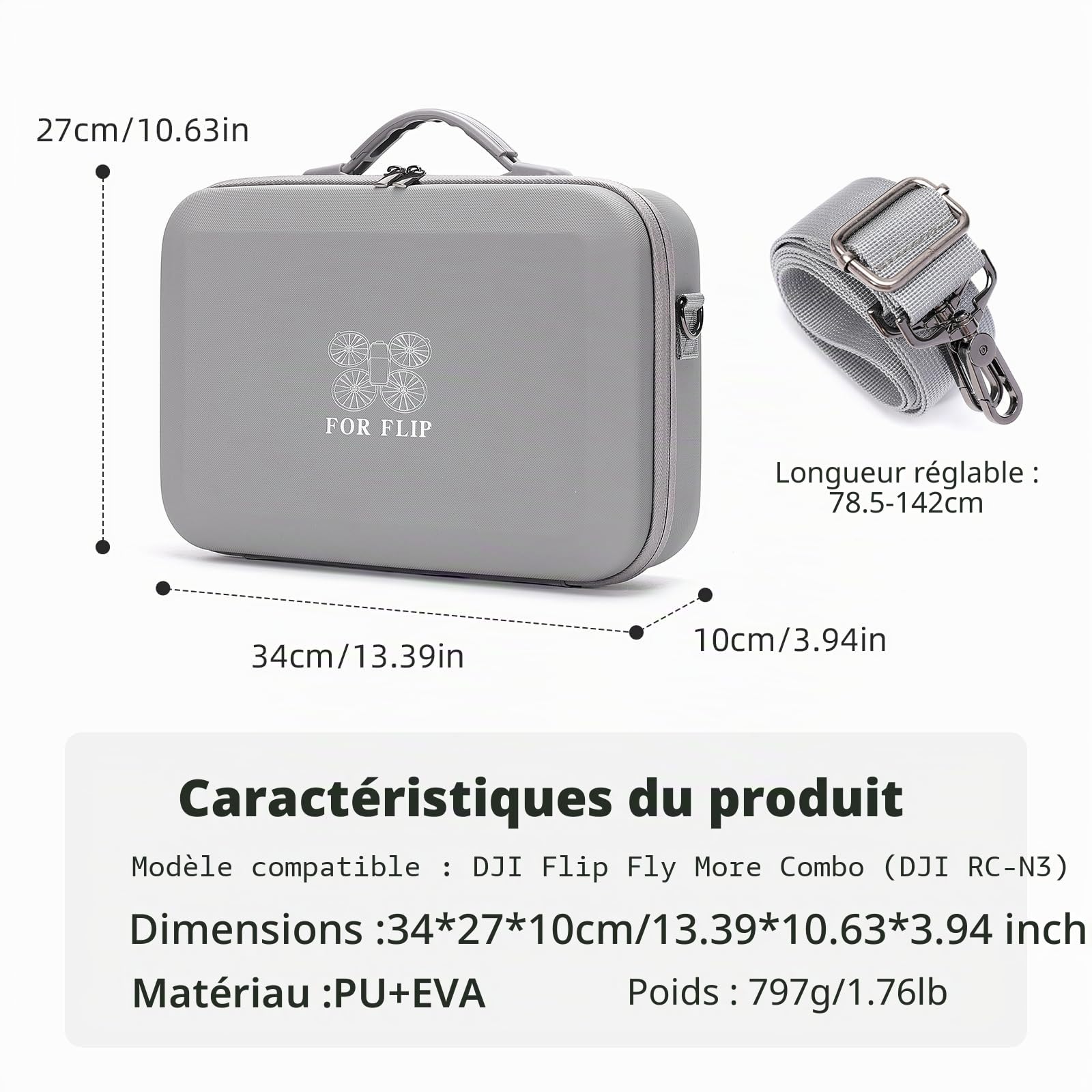 DJI Flip Fly More Combo Sac de Transport Case Étui de Protection pour DJI Flip RC-N3 et 7 Batteries Accessoires de Drone Sac de Voyage Portable PU avec Sangle de Transport, Gris