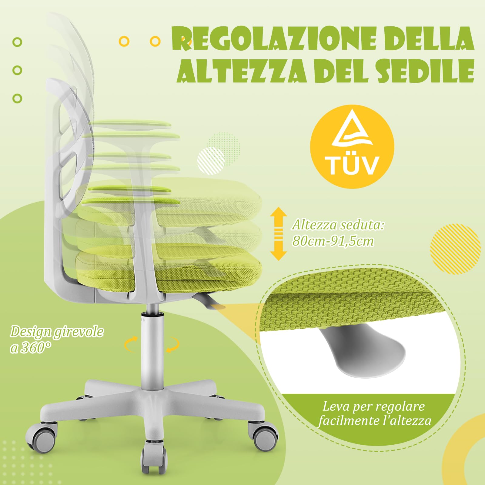 RELAX4LIFE Silla Escritorio Infantil con Altura Ajustable 40-54cm y 5 Ruedas Universales, Silla Escritorio Giratoria con Respaldo y Reposabrazos Ergonómicos para Niños 3-10 Años, Carga 150kg (Verde)