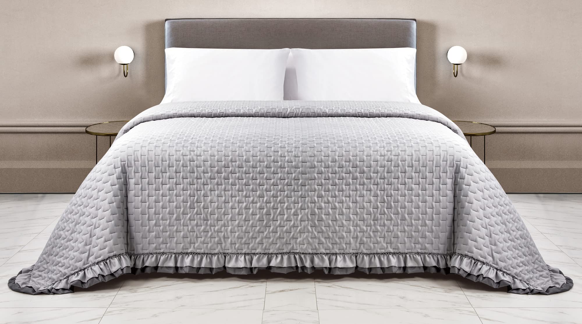 IlGruppone Copriletto Trapuntato Arles Matrimoniale Trapuntino Bicolore Due Piazze con Balze Volant Coperta Leggera Primavera Estate - Grigio/Antracite