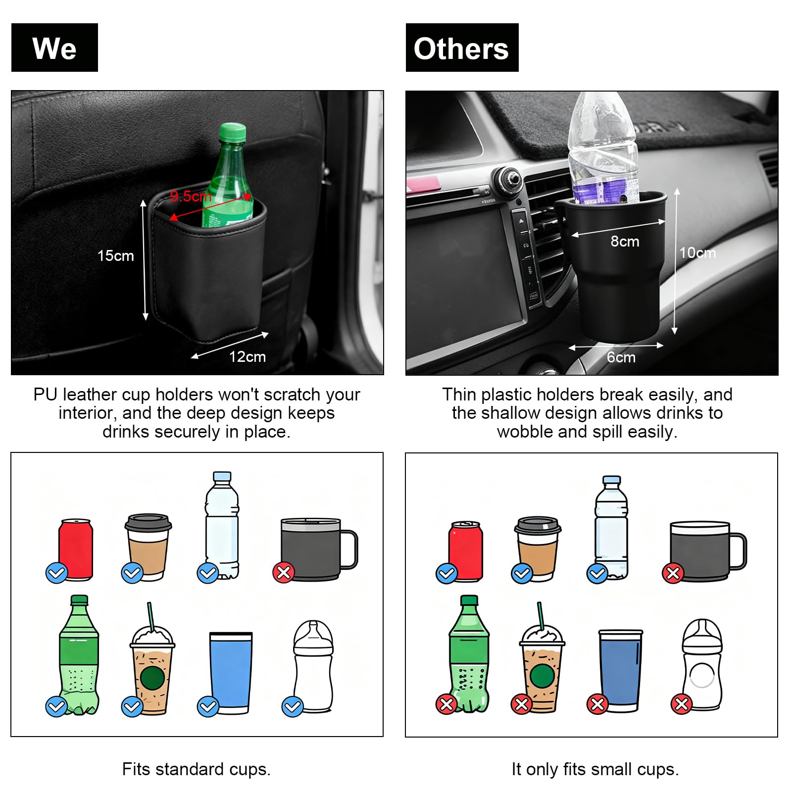 Portabicchieri Auto In Pelle PU Con Clip Per Sedile – Set Da 2, Per Bottiglie E Tazze Fino A 9 Cm