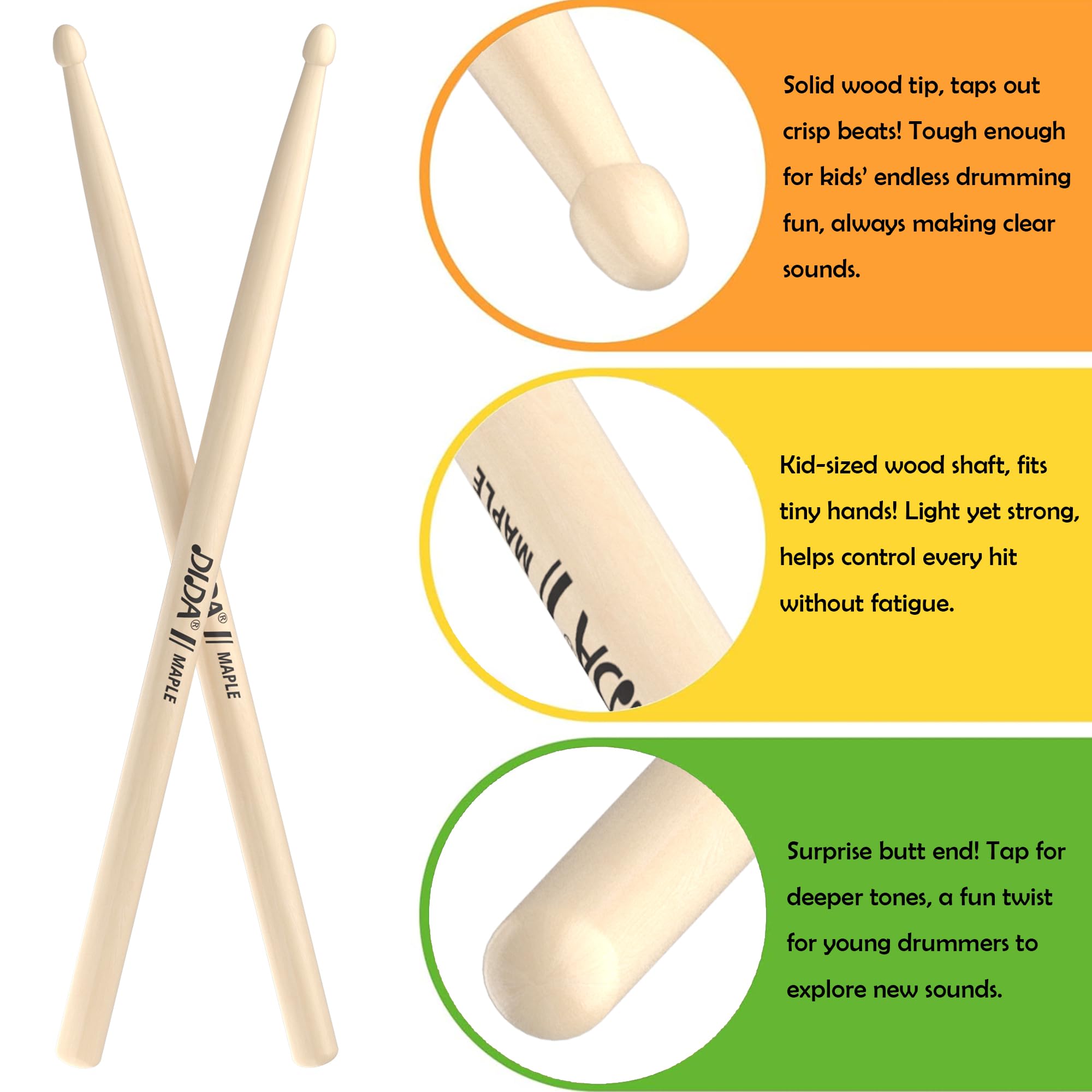 Baguettes pour enfants, baguettes de batterie en bois d'érable de 30,5 cm, accessoires de percussion pour instruments de musique, baguettes pour étudiants, débutants (érable, 4 paires)