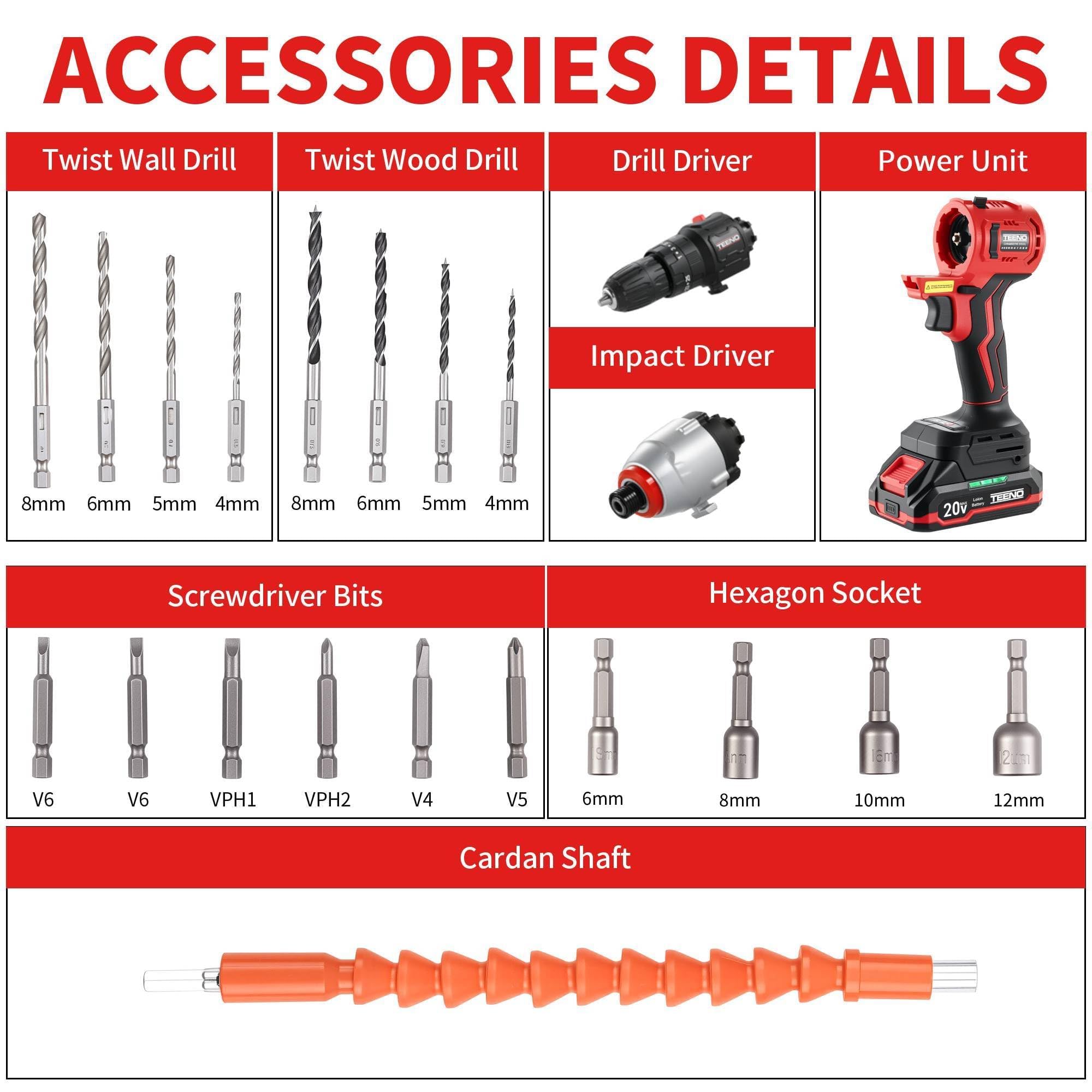 Kit Outils Électriques Sans Fil 20V, Marteau Perforateur 1450RPM & Clé à Chocs 3300RPM, Moteur Brushless, 2 Vitesses Variables, Coffret Complet pour Bricolage et Chantier