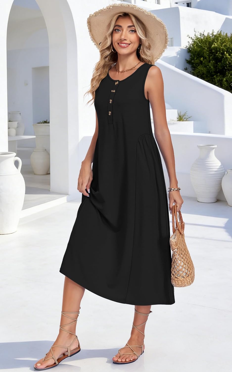 MISFAY Women's Summer Maxi Dress 2026 Buttons Long Dress A-Line Pleated Flowy Sundress Beach Vacation Shirt Dress with Pocket - Image 2