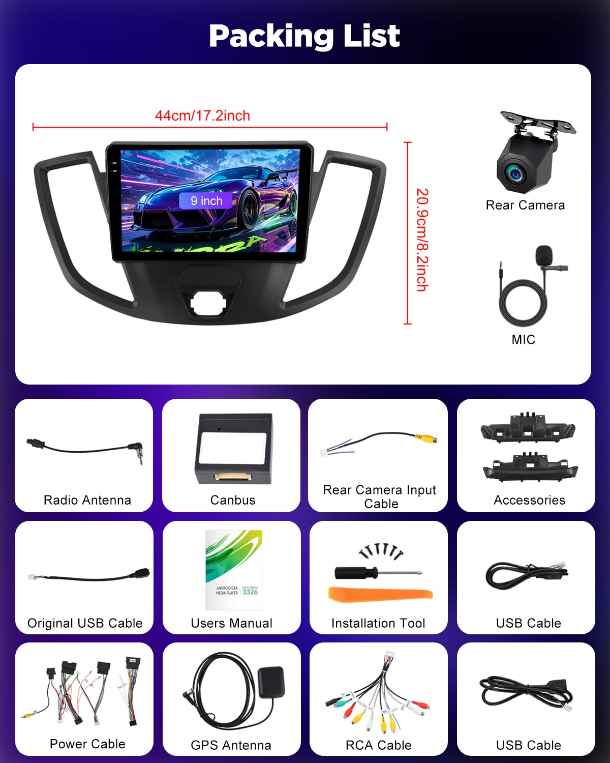 NHOPEEW 4+128G Autoradio per Ford Transit 2015-2018 con Wireless Carplay e Android Auto - Schermo incell da 9 pollici Supporto WiFi GPS Comandi al volante + Telecamera di retromarcia, Canbus