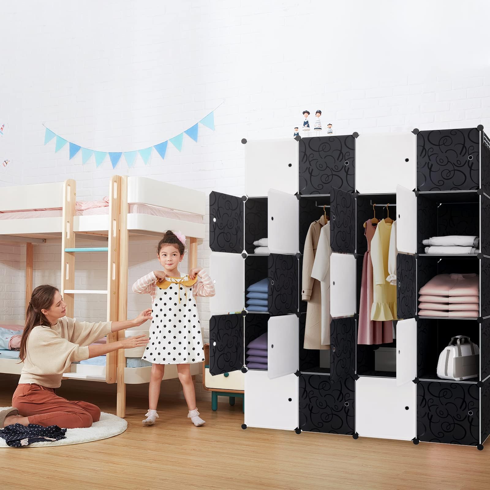 Froadp Armario plegable de 178 x 145 x 35 cm, sistema de estanterías de plástico, armario con 20 compartimentos, sistema de estantería, armario para ropa, zapatos, juguetes, libros, blanco y negro