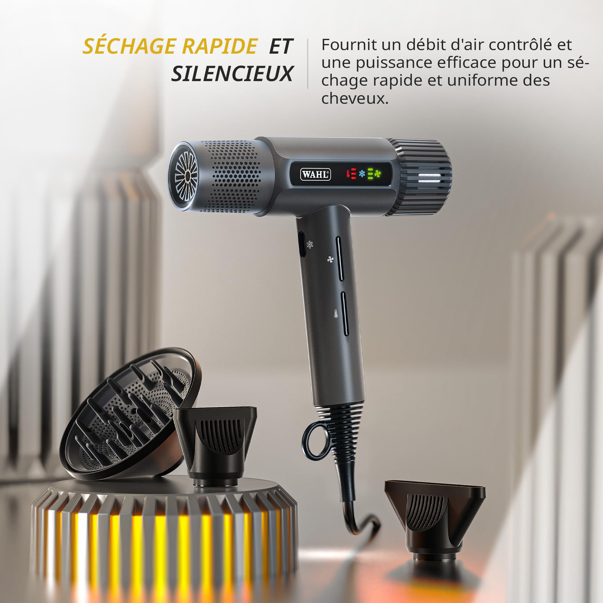 WAHL Vanquish Hair Dryer - Gris froid, Léger, Écran LED, Silencieux, 3 accessoires, Puissant, Séchage à froid, 3 vitesses, Nettoyage automatique, Séchage rapide