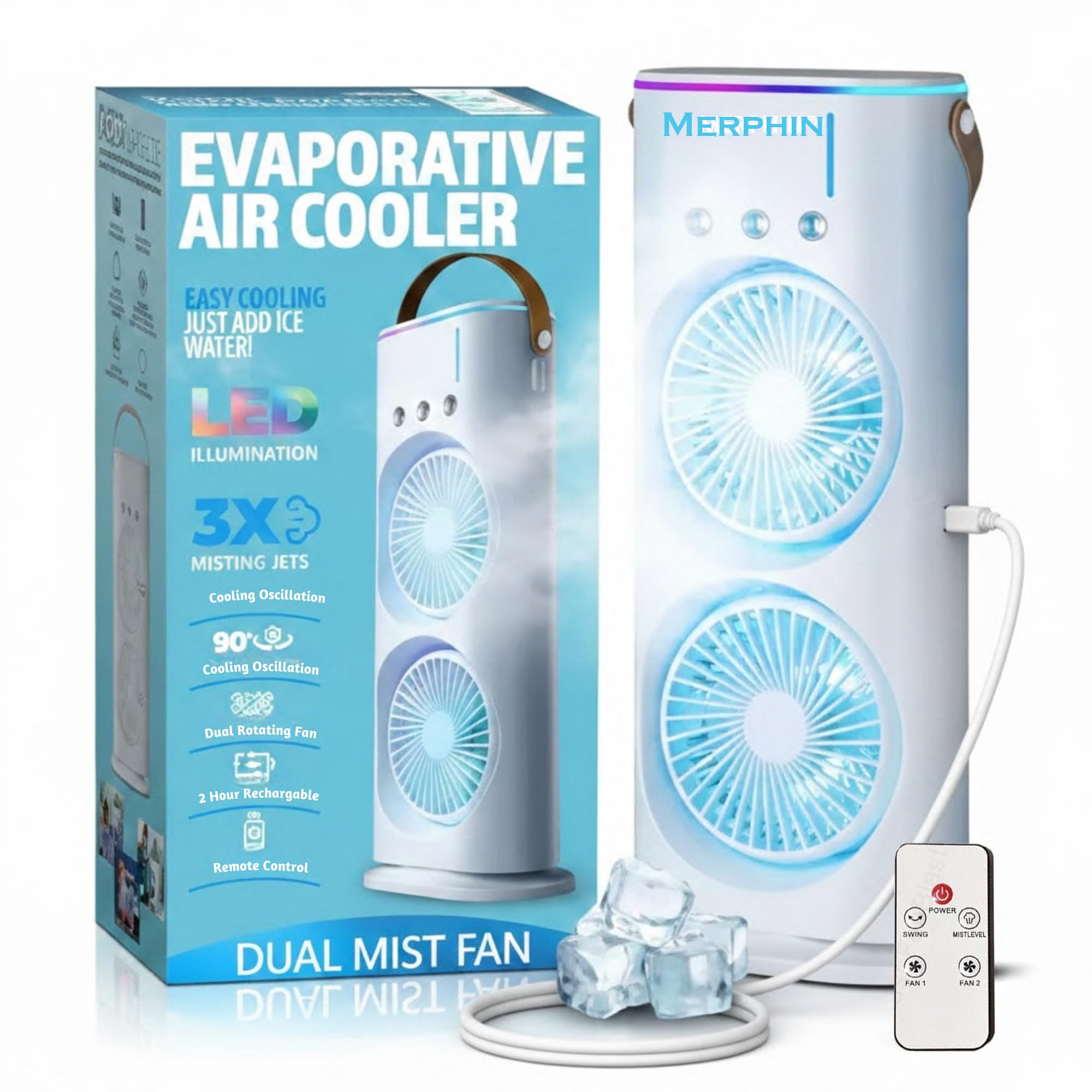 Merphin 3500 mAH 10W Double Ended Spray Fan with 3 Level Cool Mist Feature USB Rechargeable Oscillating fan 280 Ml Ice & Water Filling Tank 5V Mini Cooler with Remote and Button Control