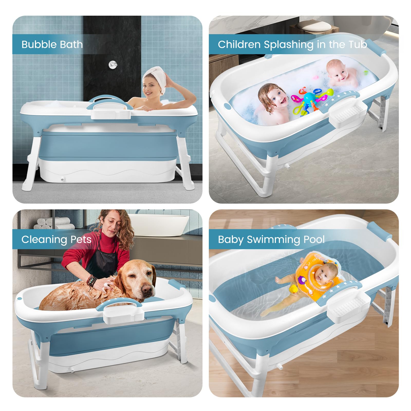 Bañera Plegable para Adultos, Bañeras Plegables Móvil con Rodillos de Masaje y Cubierta Extraíble, Bathtub Plegable Portátil para Baños Pequeños, Cesta de Jabón, Termómetro, Balcón, Azul, 118x62x52cm