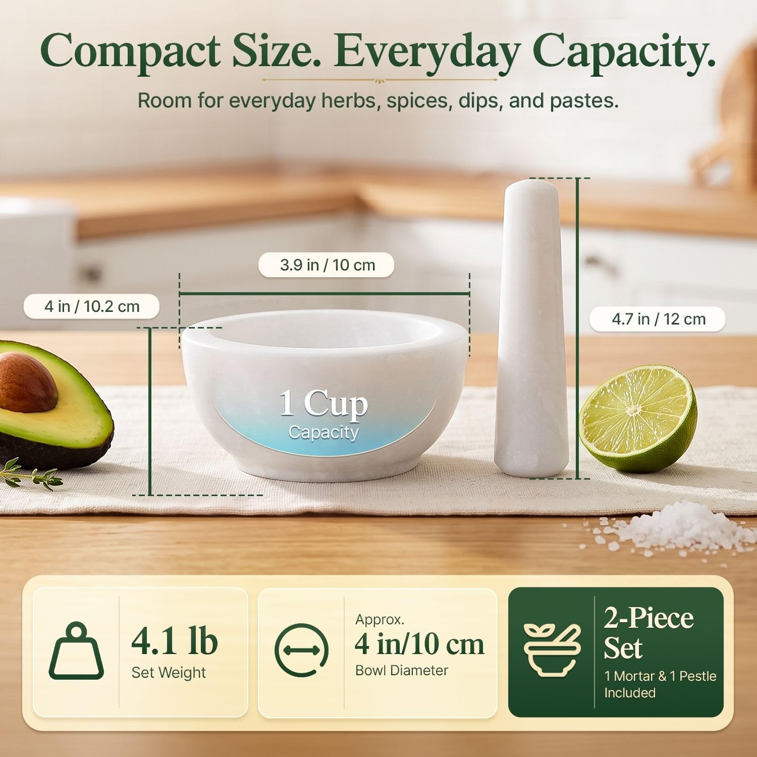 Flexzion - Juego de mortero y mortero de granito - Cuenco para moler piedra de mármol sólido de 5,5 pulgadas para aguacate hierbas, especias, ajo, cocina, cocina, medicamento blanco