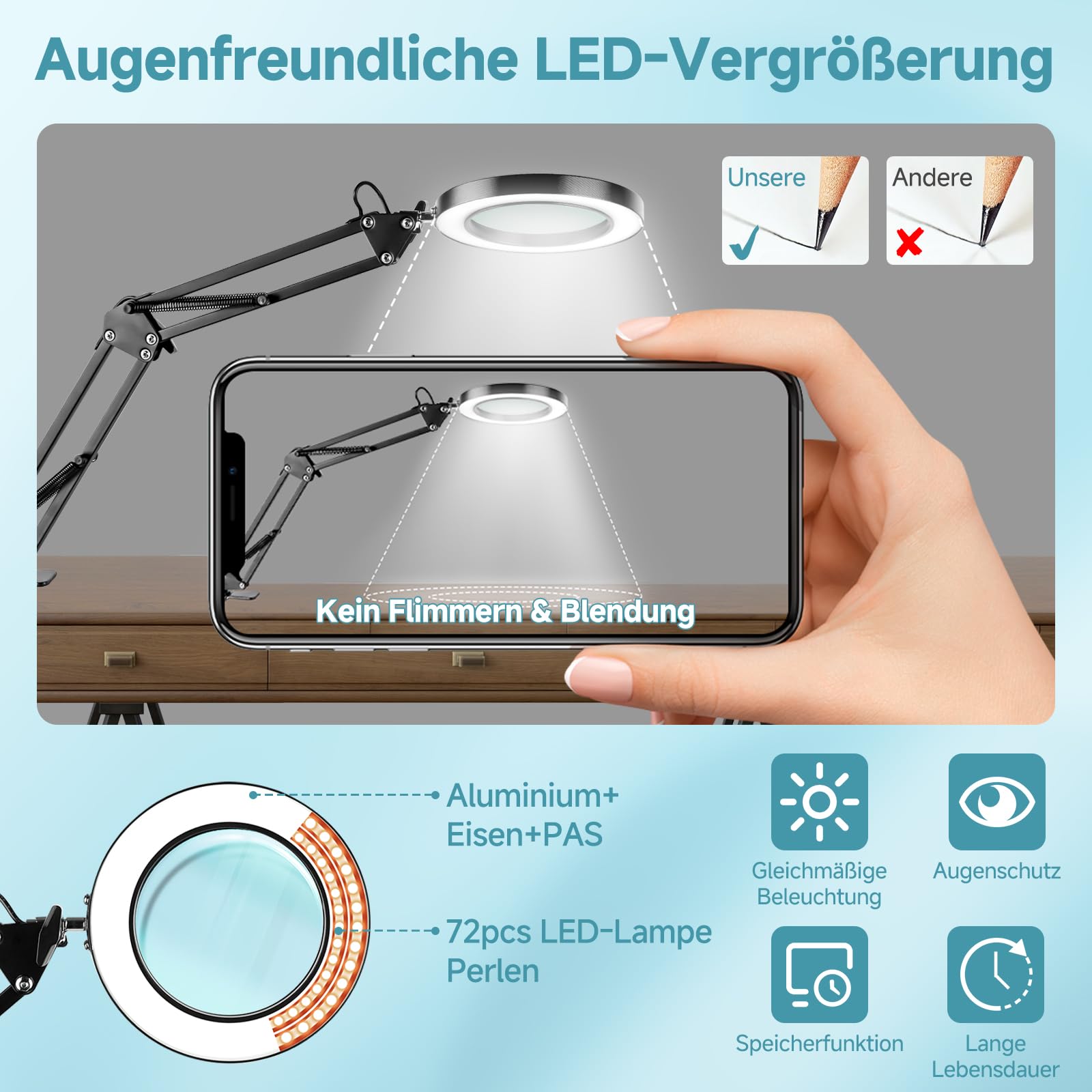 Lupa con luz y soporte, 10 lupas con 3 modos de color y 10 luces LED regulables, lupa de mesa de 10 aumentos con abrazadera, lupa de lectura, lupa de lectura, lupa de aumento, para manualidades,