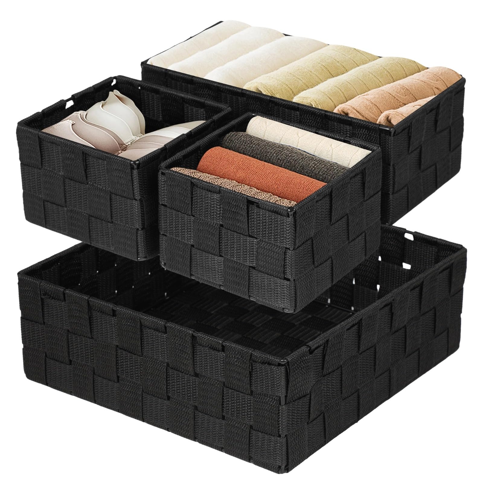 OMISTAR 4 Pcs Drawer Organizer Bins, Woven Strap Storage Baskets for Drawers, Stackable Storage Cubes, Drawer Divider Boxes, Storage Containers for Organizing Shelves, Cabinets, Dressers
