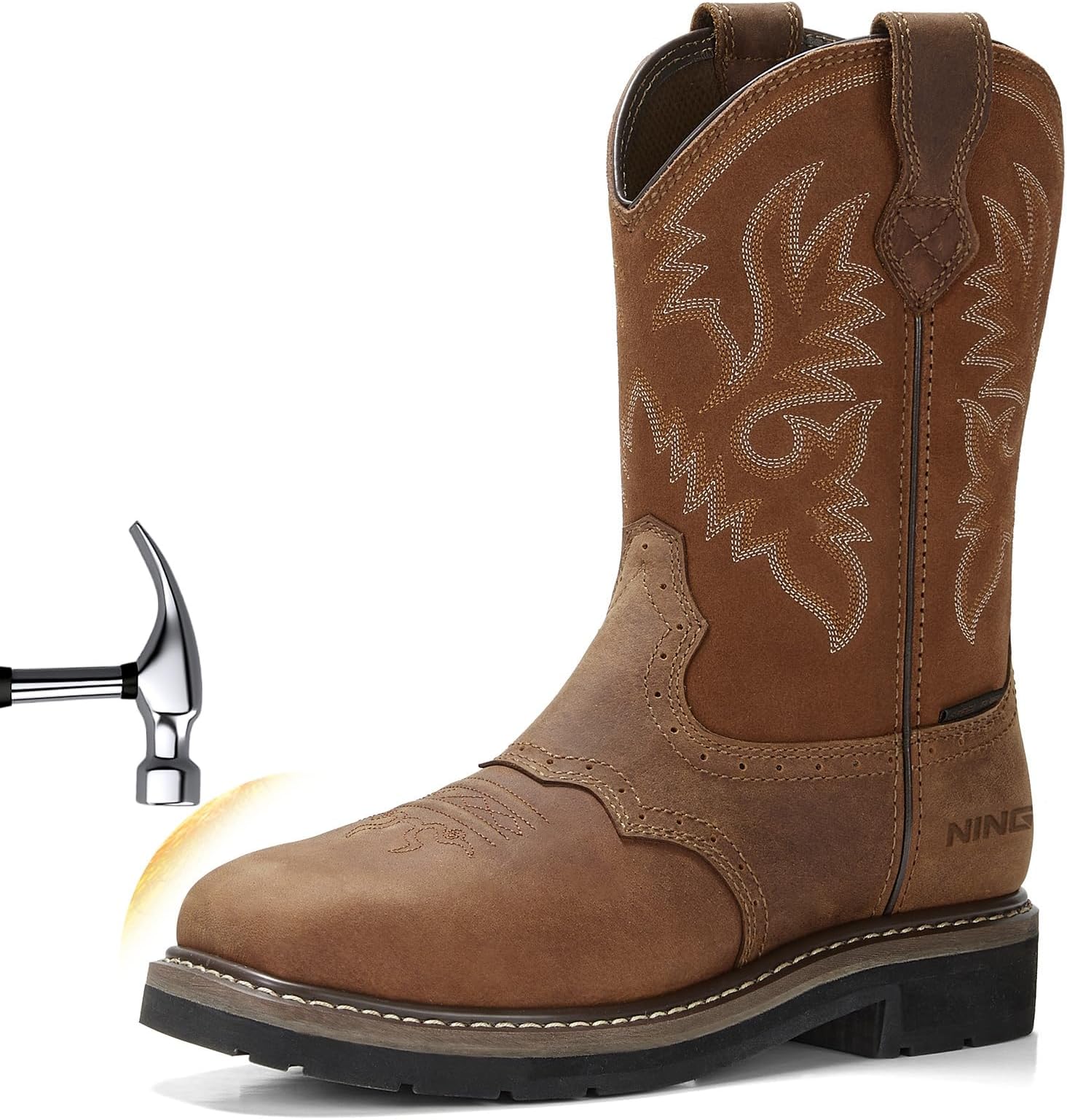 HISEA NINGO Steel Toe Work Boots for Men, Waterproof Square Toe Cowboy Boots Slip on, Comfortable Soft Toe Pull on Western Safety Work Shoes for Construction Industrial Working Welding Riding, Brown