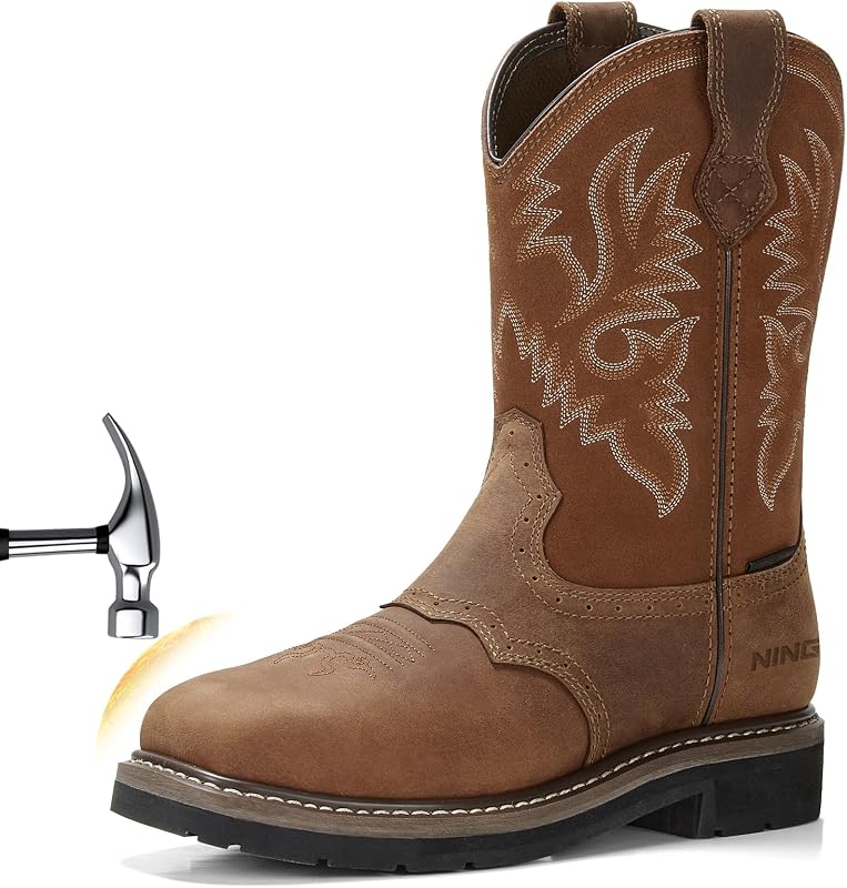 HISEA NINGO Steel Toe Work Boots for Men Square Toe Cowboy Boots Soft Toe | Full-Grain Leather Western Boots, Water & Slip Resistant Steel Toe Boots, Goodyear Welt, EH Rated, for Construction Farming