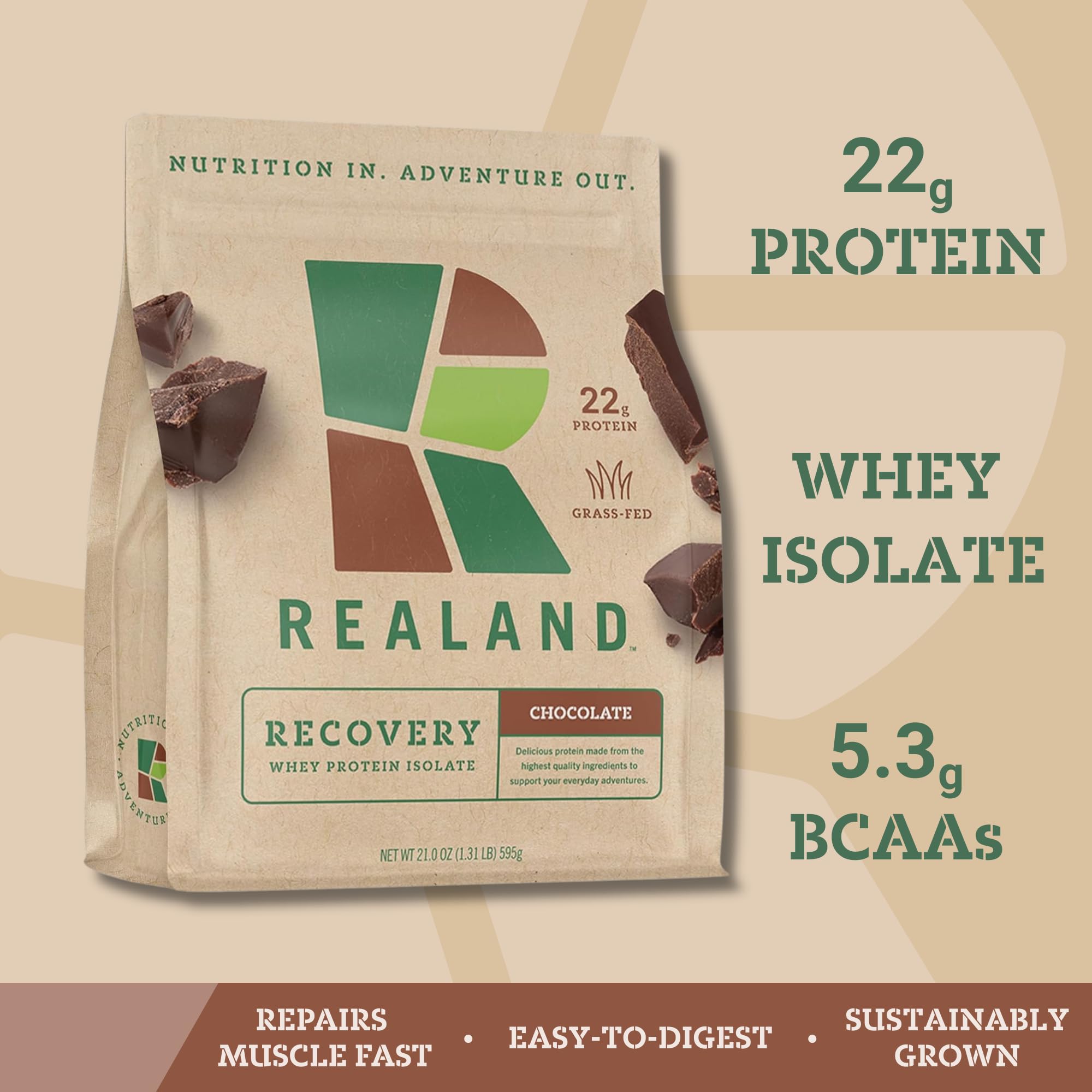 Realand Whey Protein Isolate - Grass-Fed Protein Powder for Recovery - 22g of Protein - 17 Servings (One Size, Chocolate)