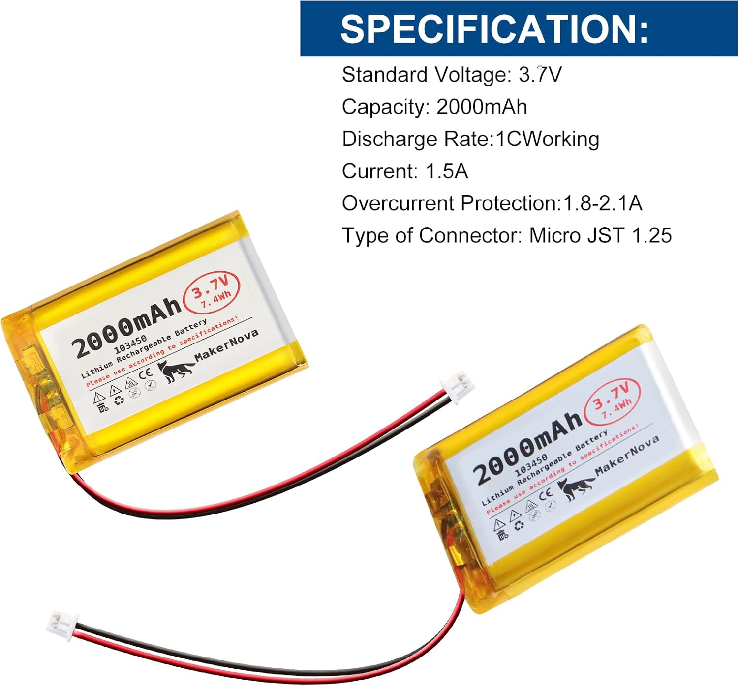 3.7V 103450 2000mAh LiPo Battery, 1S 3C Rechargeable, Micro JST 1.25 Connector, Dual Protection Board, 4 Pack