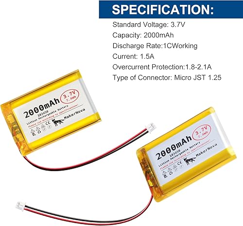 Miniatura 3 de Batería LiPo de 3.7V 103450 2000mAh, recargable 1S 3C, conector Micro JST 1.25, placa de protección dual, paquete de 4